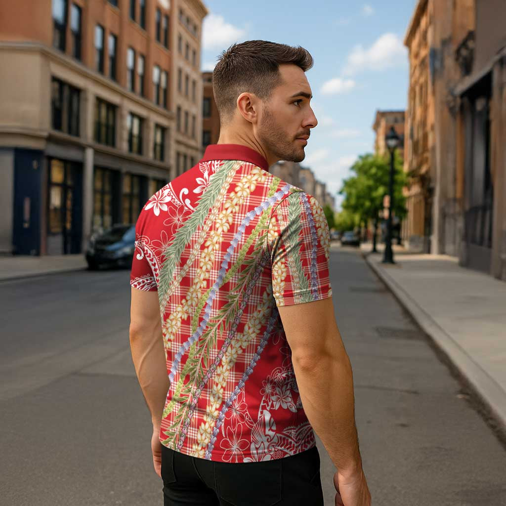 Red Palaka Hawaii Leis Zipper Polo Shirt Hawaiian-plaid Elegant Tropical Vibes - Polynesian Pride