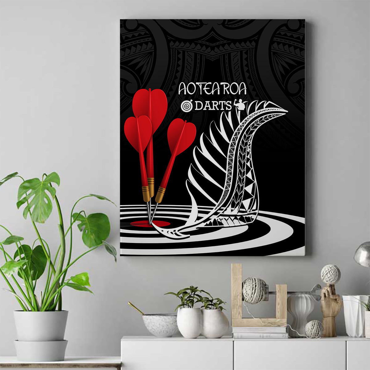 New Zealand Darts Canvas Wall Art Aotearoa Maori Fern Bring It On LT14 Black - Polynesian Pride