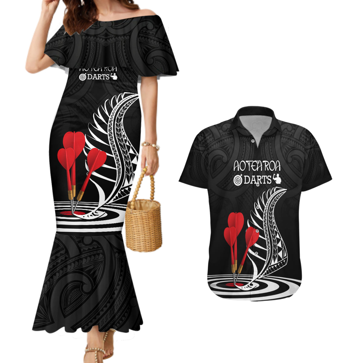 Personalised New Zealand Darts Couples Matching Mermaid Dress and Hawaiian Shirt Aotearoa Maori Fern Bring It On LT14 Black - Polynesian Pride