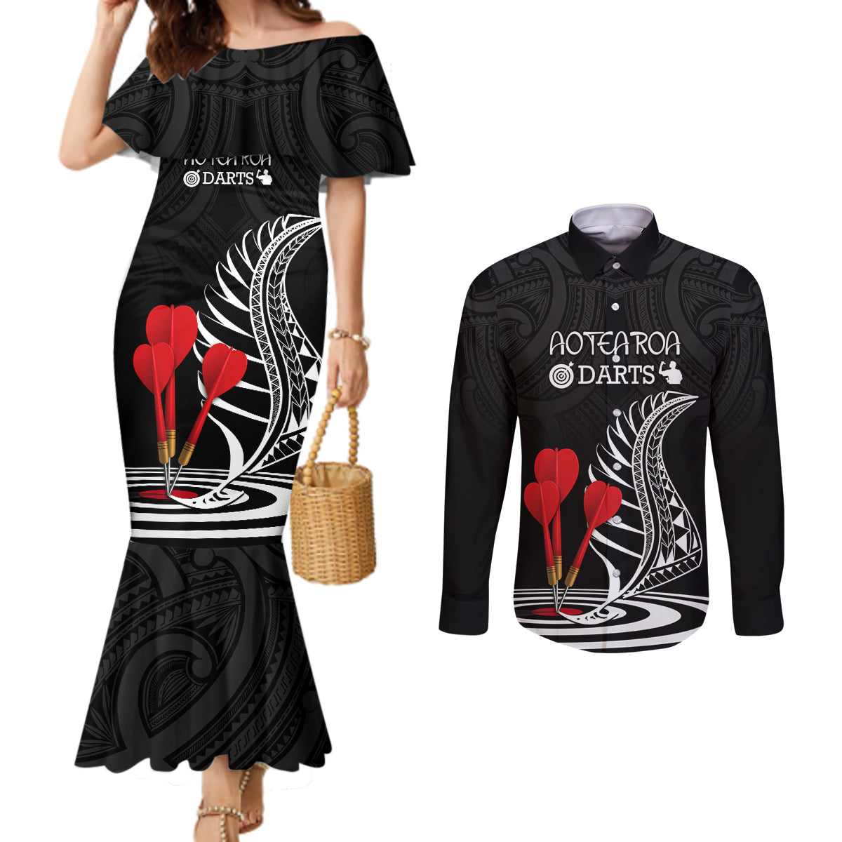 Personalised New Zealand Darts Couples Matching Mermaid Dress and Long Sleeve Button Shirt Aotearoa Maori Fern Bring It On LT14 Black - Polynesian Pride