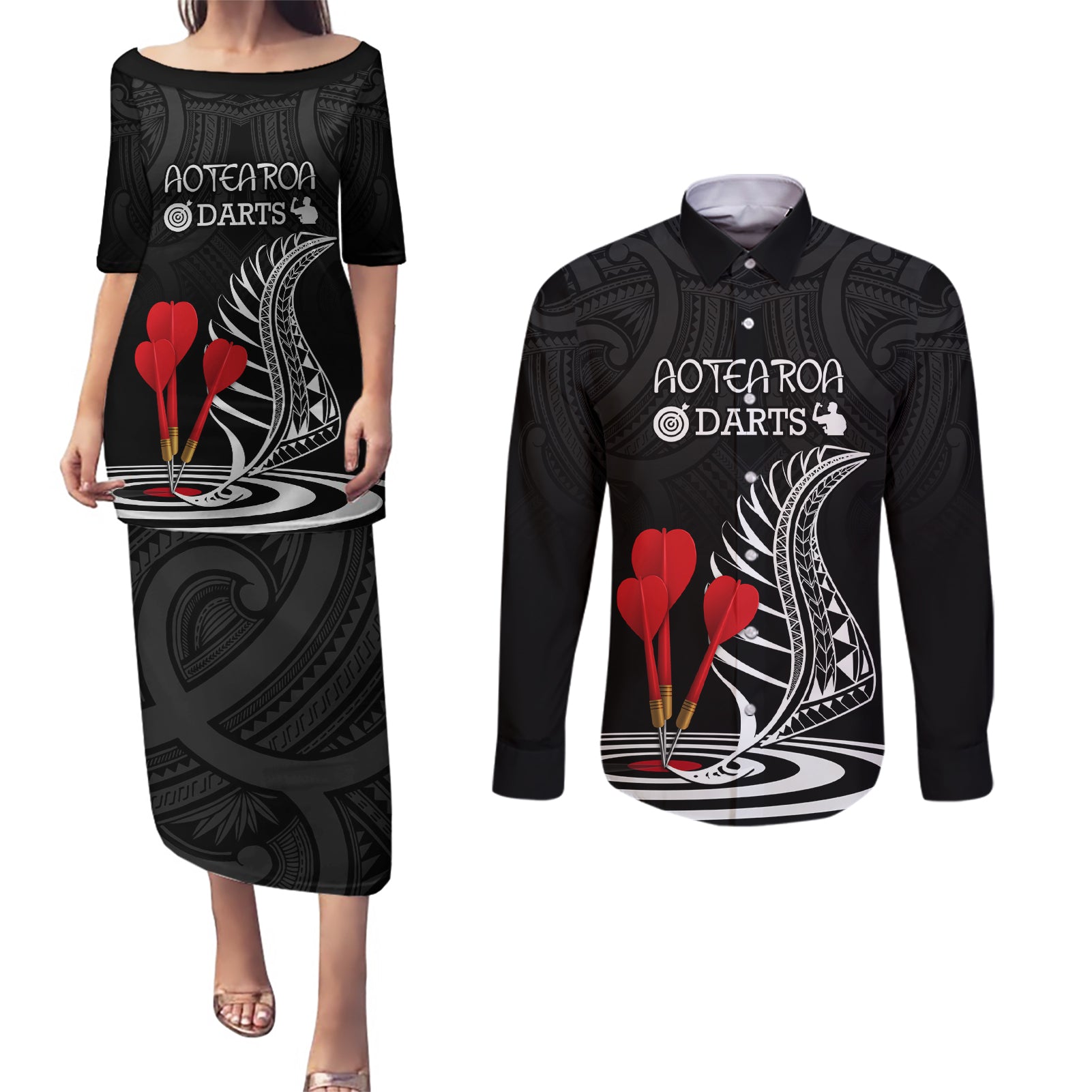 Personalised New Zealand Darts Couples Matching Puletasi Dress and Long Sleeve Button Shirt Aotearoa Maori Fern Bring It On LT14 Black - Polynesian Pride