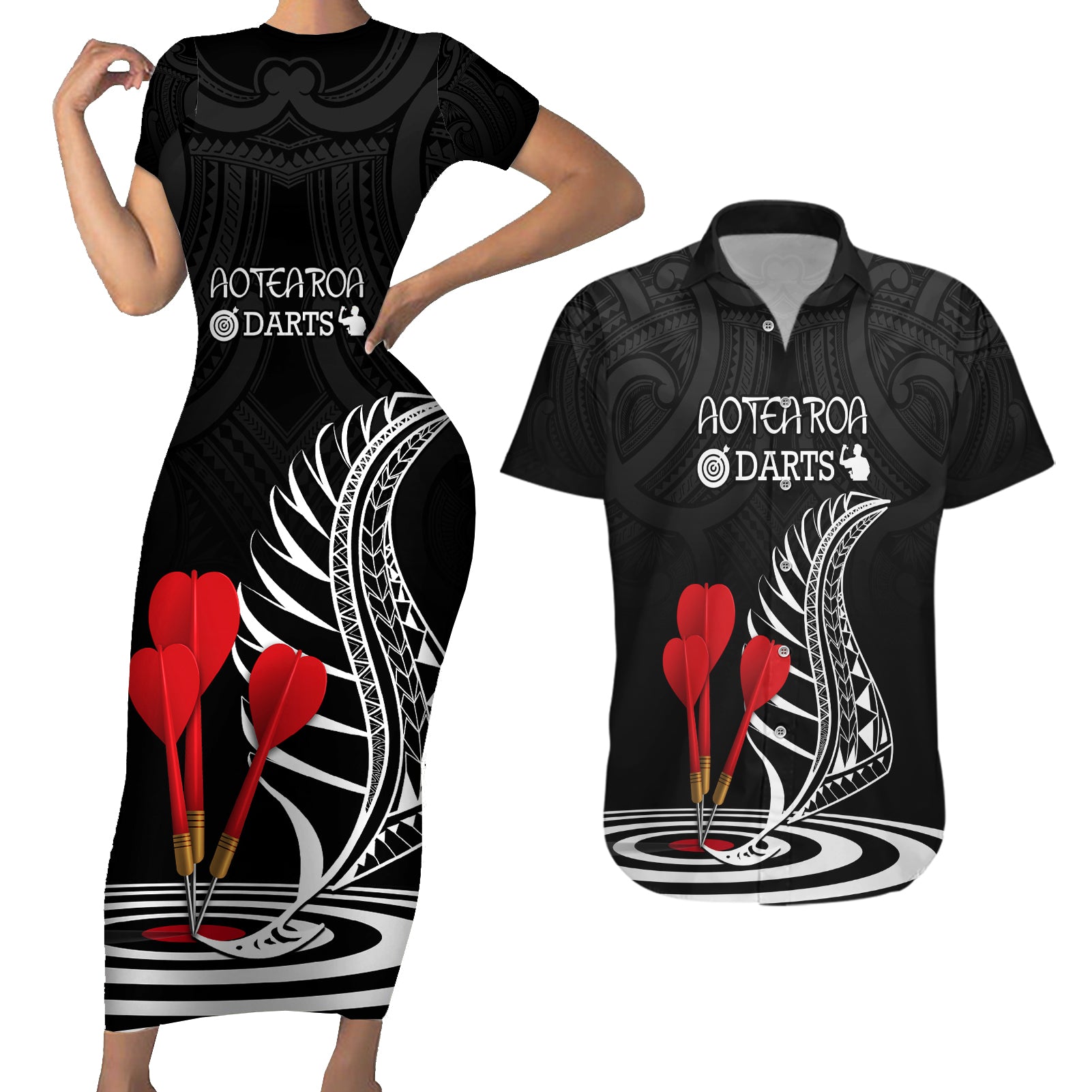 Personalised New Zealand Darts Couples Matching Short Sleeve Bodycon Dress and Hawaiian Shirt Aotearoa Maori Fern Bring It On LT14 Black - Polynesian Pride