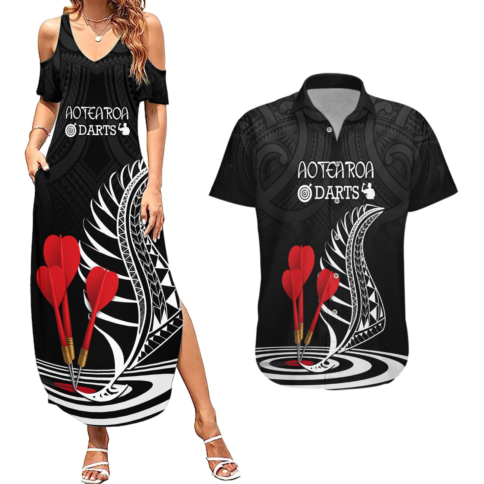 Personalised New Zealand Darts Couples Matching Summer Maxi Dress and Hawaiian Shirt Aotearoa Maori Fern Bring It On LT14 Black - Polynesian Pride