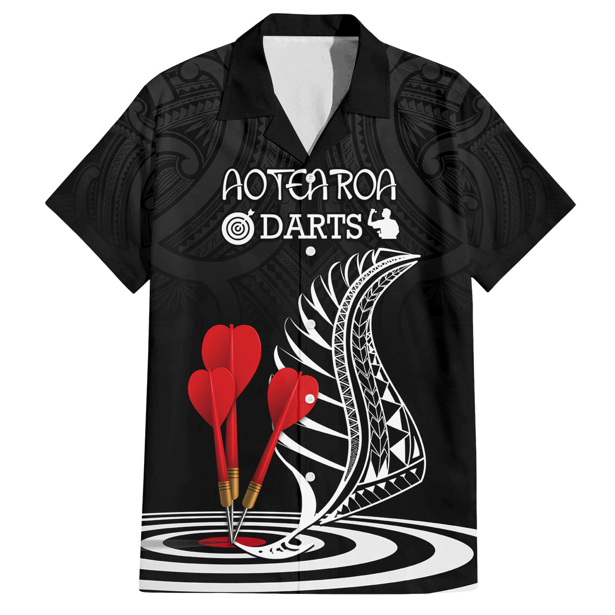 Personalised New Zealand Darts Family Matching Off Shoulder Maxi Dress and Hawaiian Shirt Aotearoa Maori Fern Bring It On LT14 Dad's Shirt - Short Sleeve Black - Polynesian Pride