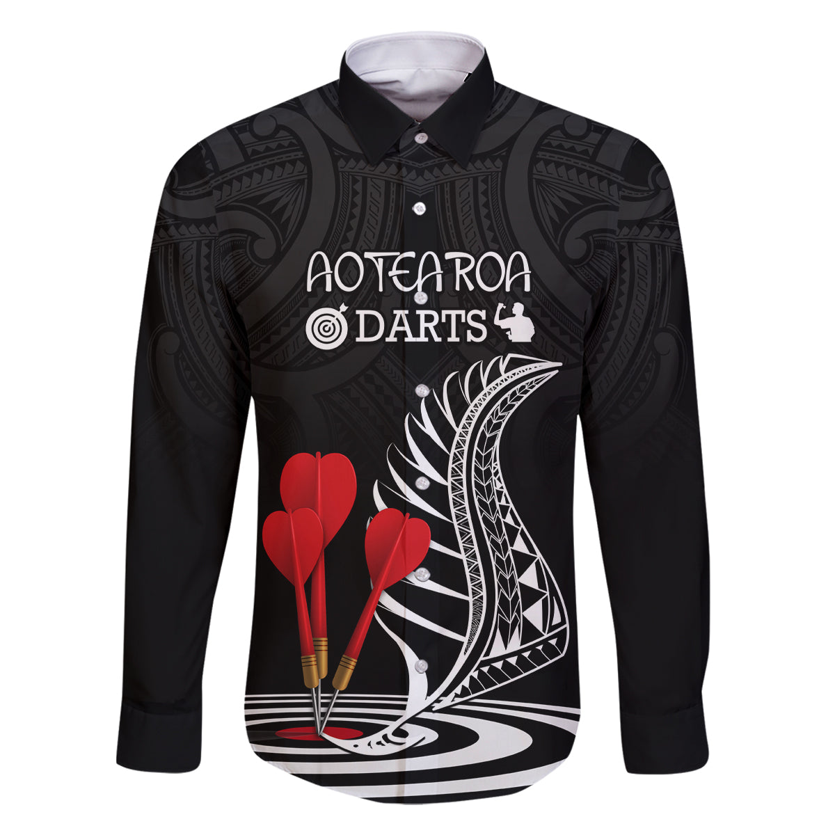Personalised New Zealand Darts Family Matching Off Shoulder Short Dress and Hawaiian Shirt Aotearoa Maori Fern Bring It On LT14 Dad's Shirt - Long Sleeve Black - Polynesian Pride