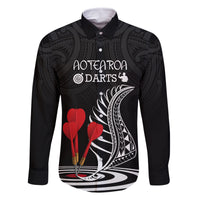 Personalised New Zealand Darts Family Matching Off Shoulder Short Dress and Hawaiian Shirt Aotearoa Maori Fern Bring It On LT14 Dad's Shirt - Long Sleeve Black - Polynesian Pride