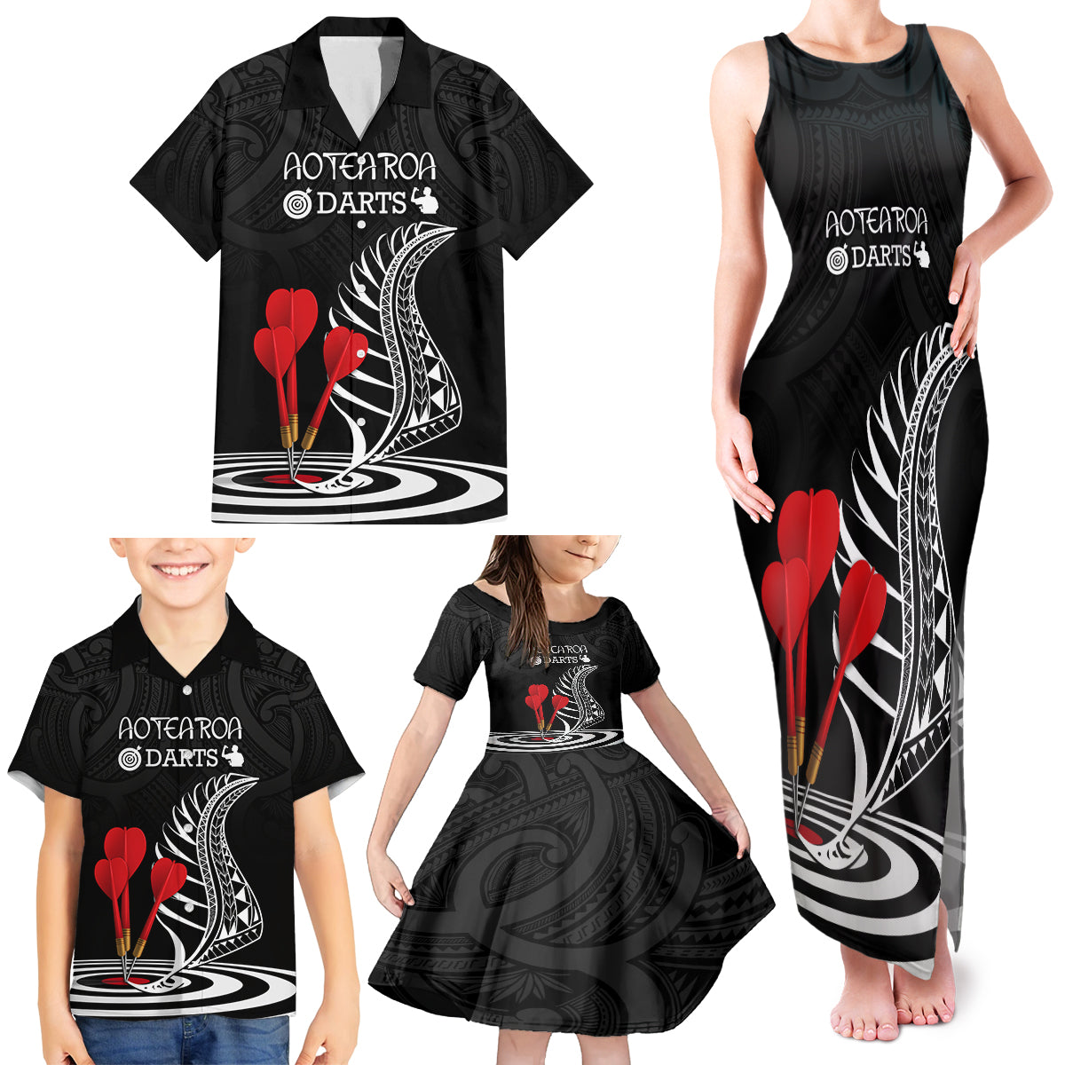 Personalised New Zealand Darts Family Matching Tank Maxi Dress and Hawaiian Shirt Aotearoa Maori Fern Bring It On LT14 - Polynesian Pride