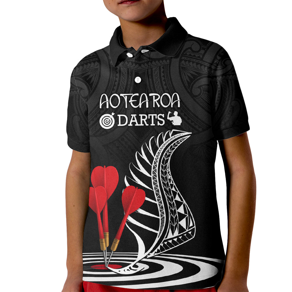 Personalised New Zealand Darts Kid Polo Shirt Aotearoa Maori Fern Bring It On LT14 Kid Black - Polynesian Pride