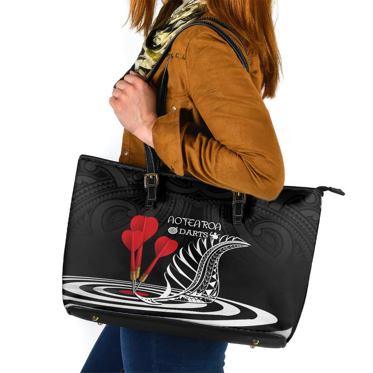 New Zealand Darts Leather Tote Bag Aotearoa Maori Fern Bring It On LT14 Black - Polynesian Pride