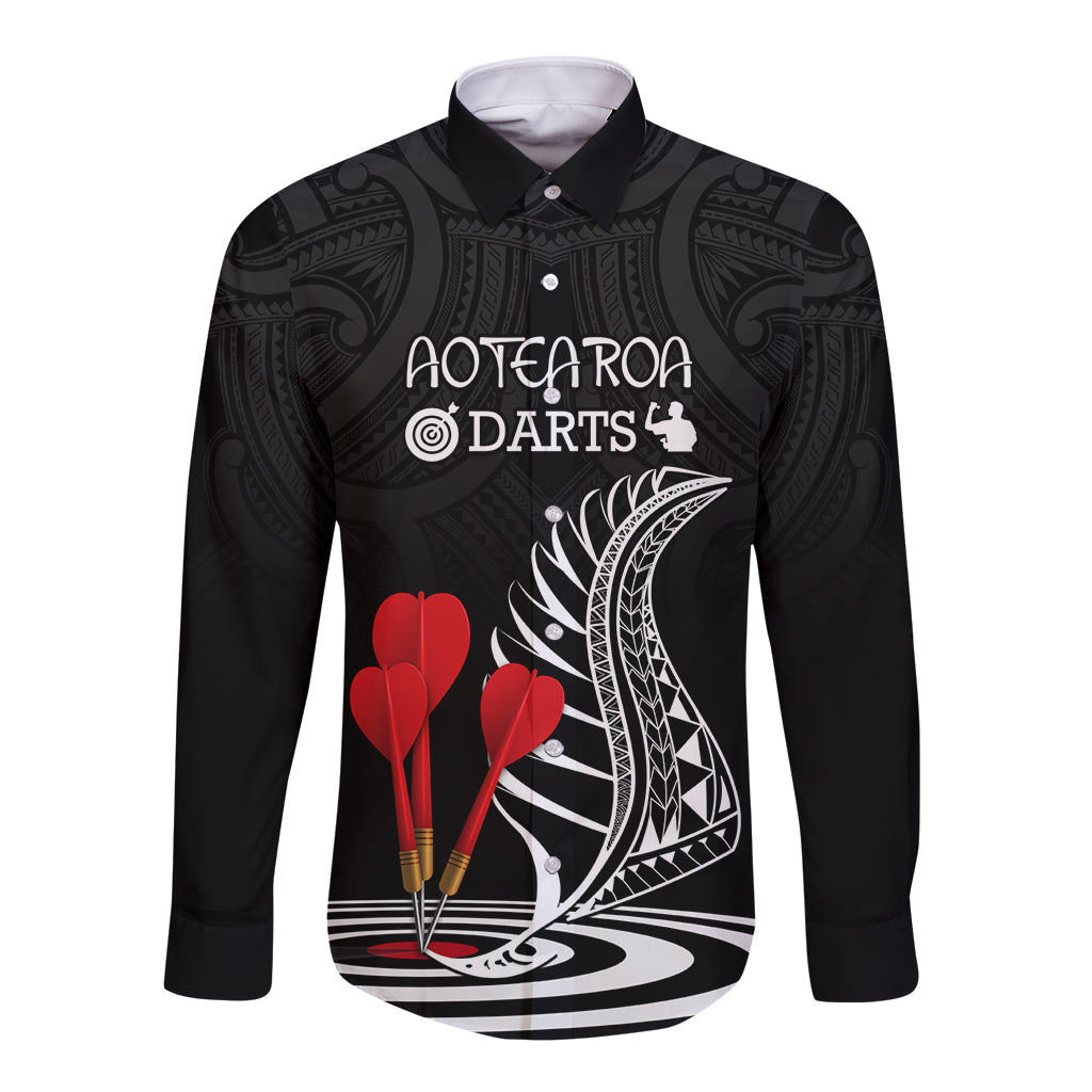 Personalised New Zealand Darts Long Sleeve Button Shirt Aotearoa Maori Fern Bring It On LT14 Unisex Black - Polynesian Pride