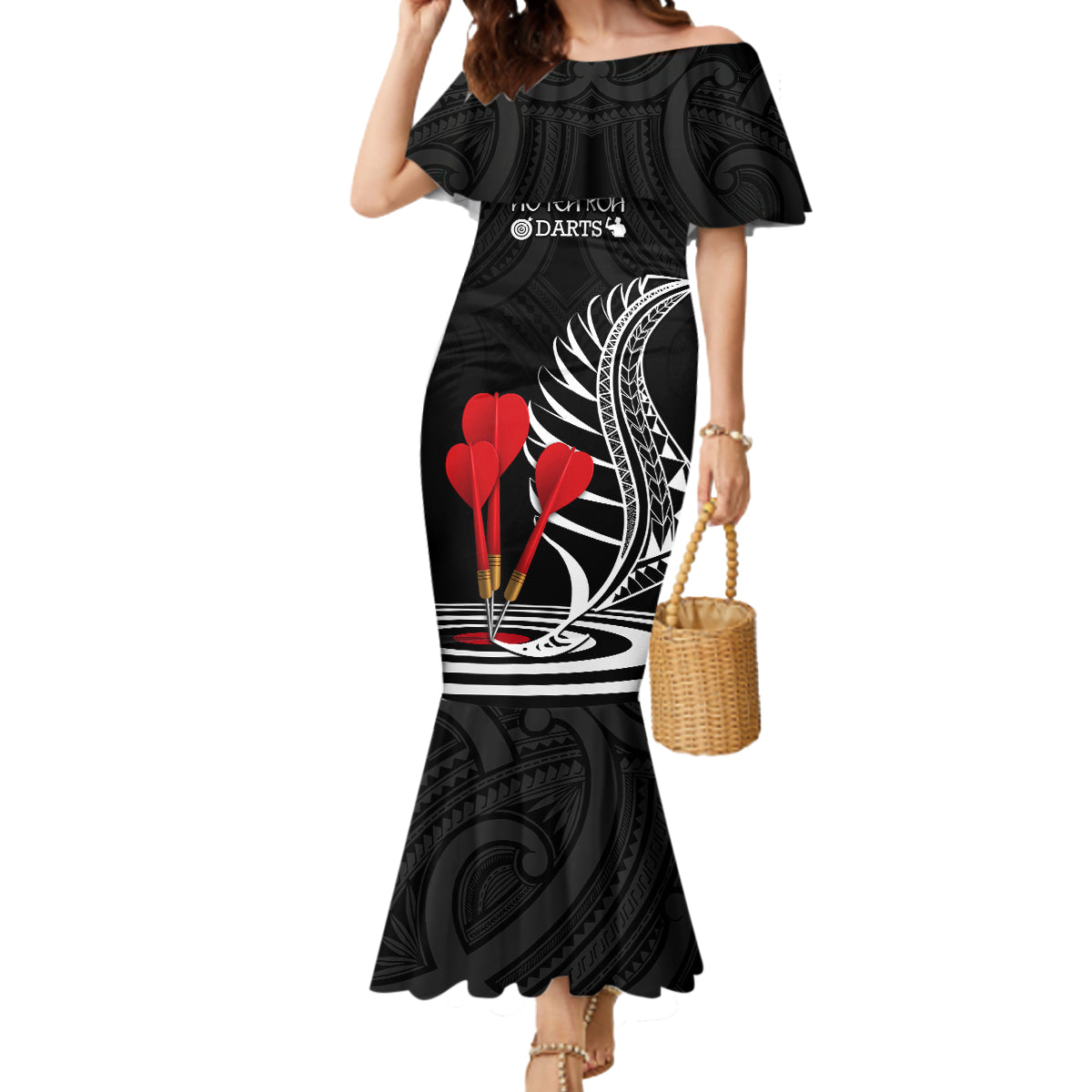 Personalised New Zealand Darts Mermaid Dress Aotearoa Maori Fern Bring It On LT14 Women Black - Polynesian Pride