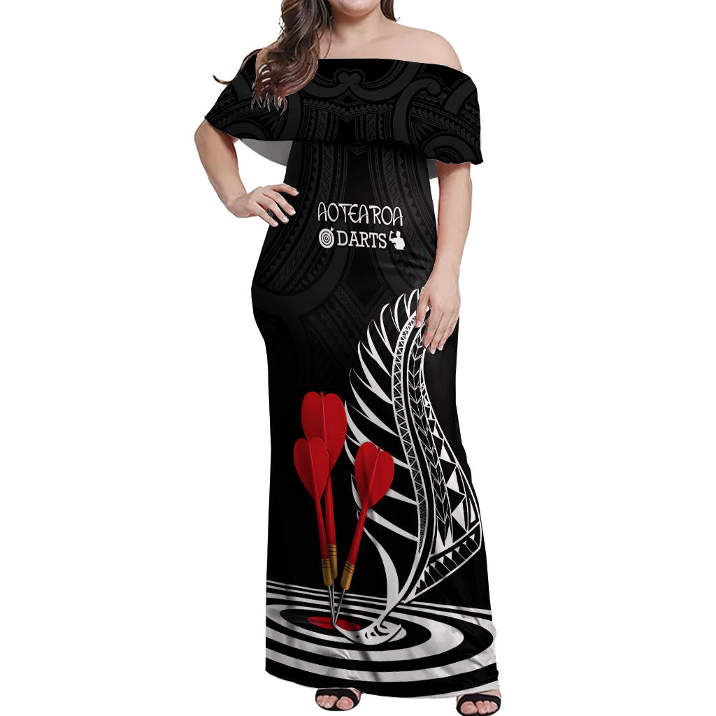 Personalised New Zealand Darts Off Shoulder Maxi Dress Aotearoa Maori Fern Bring It On LT14 Women Black - Polynesian Pride