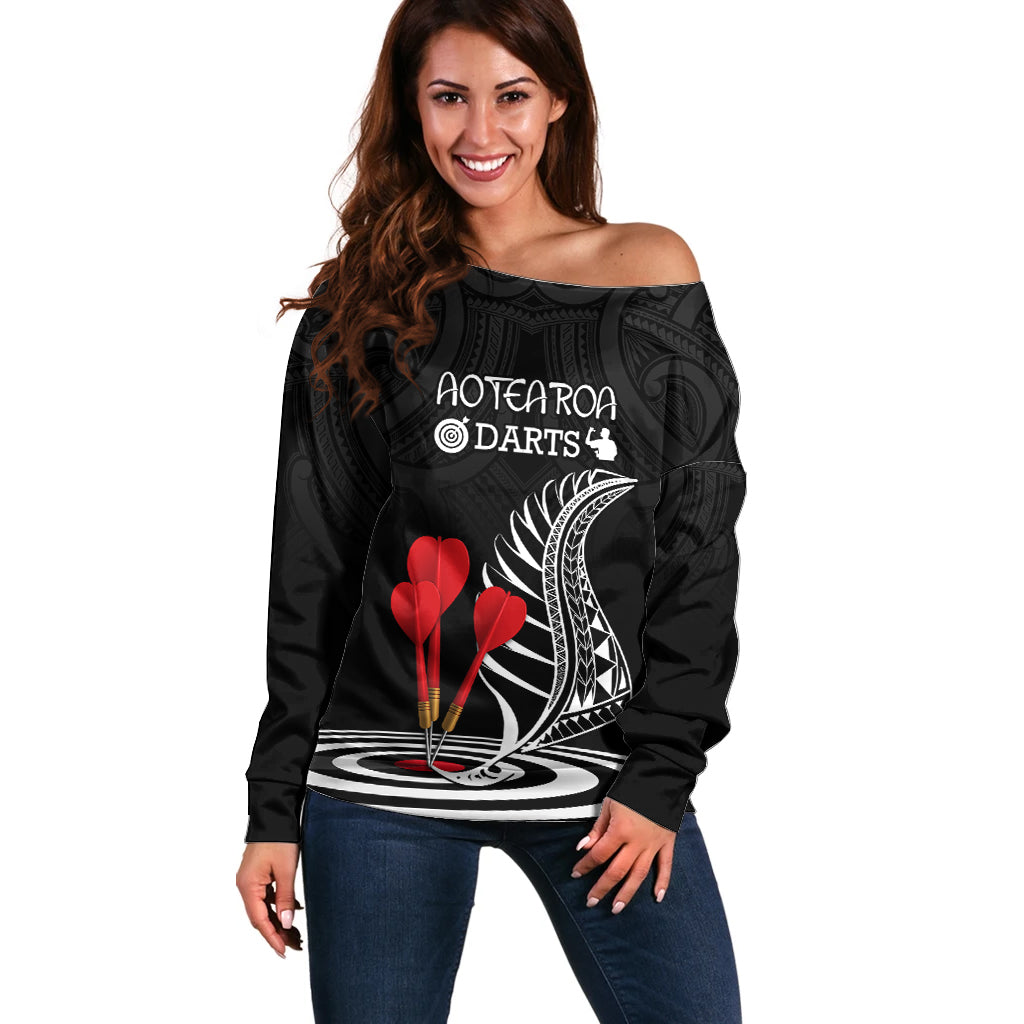 Personalised New Zealand Darts Off Shoulder Sweater Aotearoa Maori Fern Bring It On LT14 Women Black - Polynesian Pride