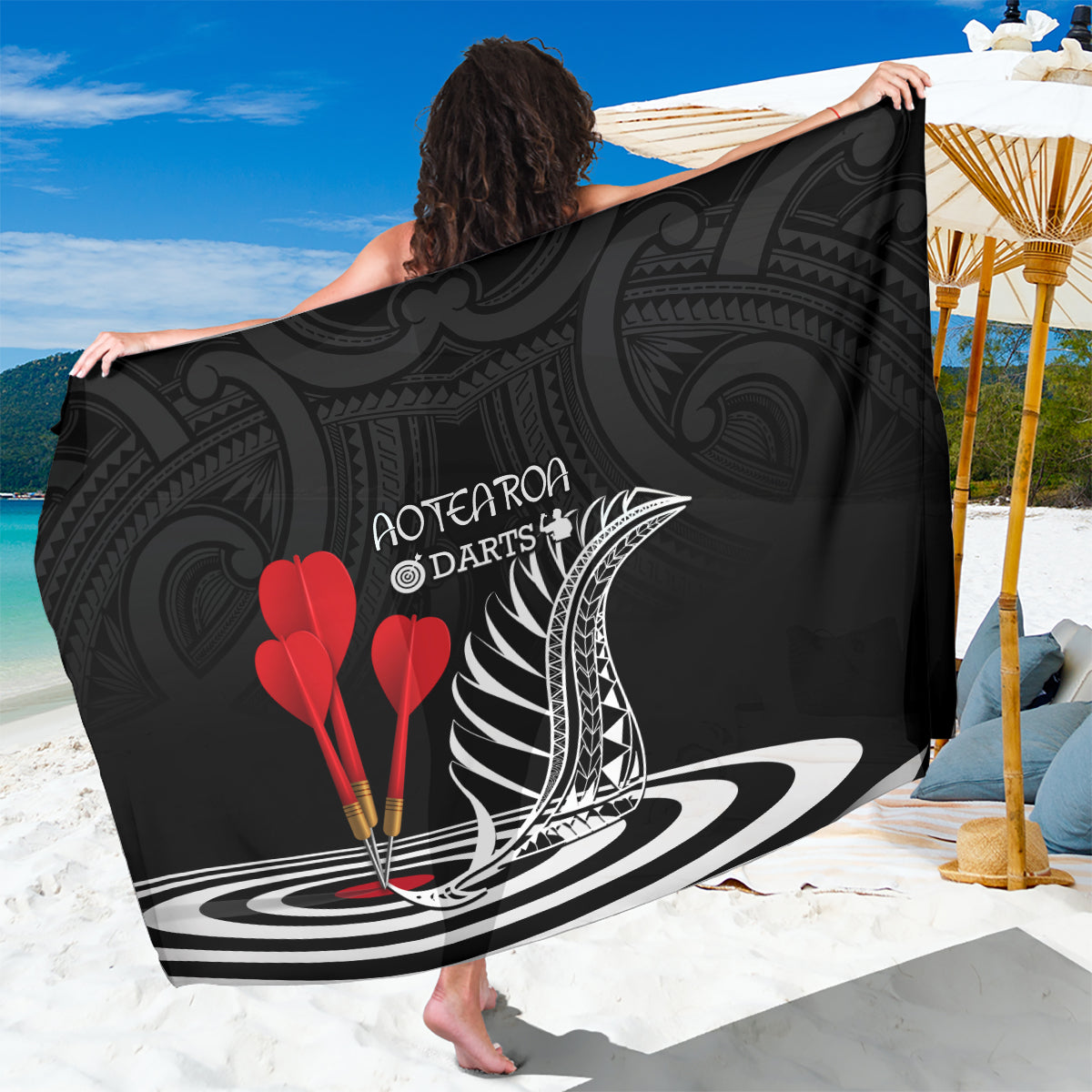 New Zealand Darts Sarong Aotearoa Maori Fern Bring It On LT14 One Size 44 x 66 inches Black - Polynesian Pride