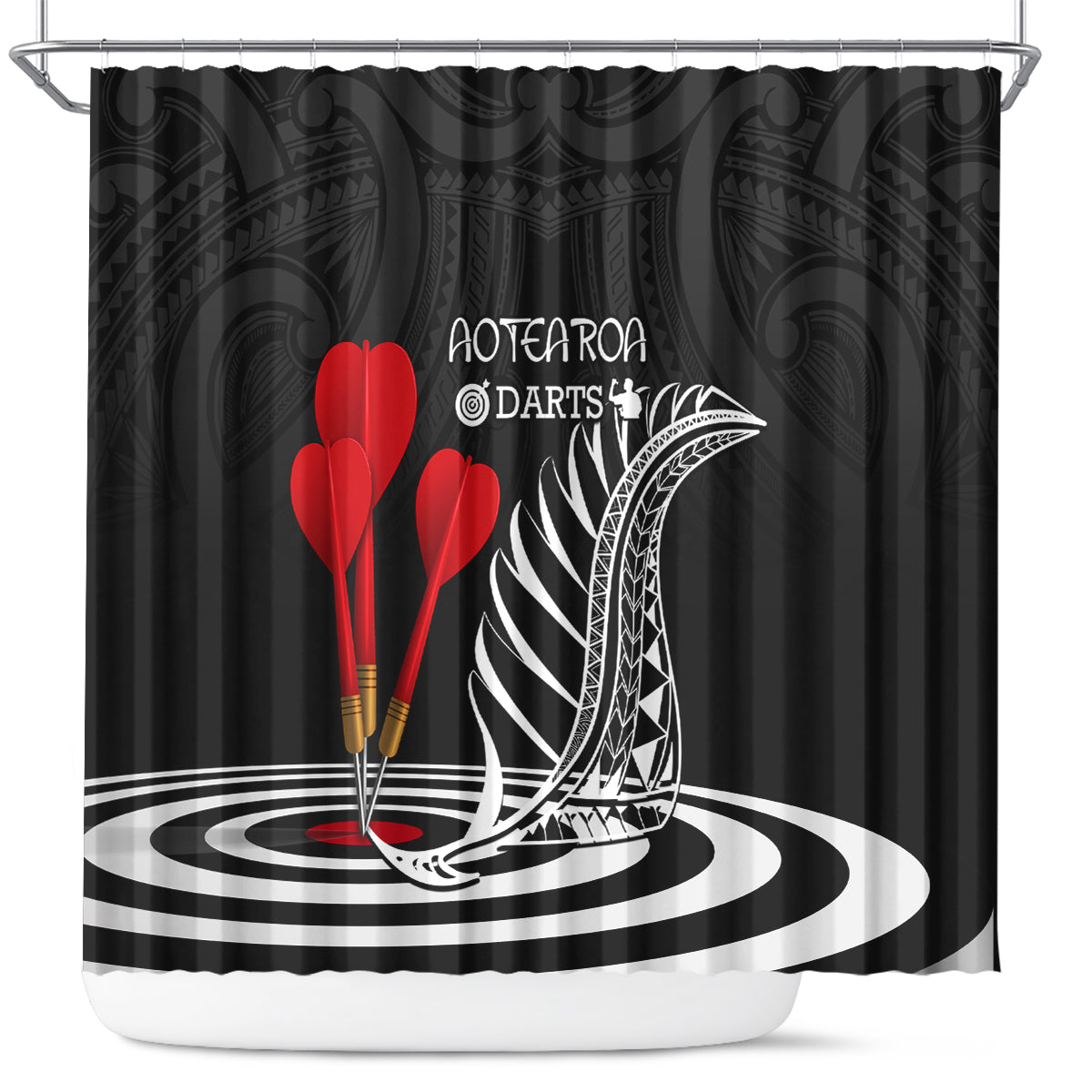 New Zealand Darts Shower Curtain Aotearoa Maori Fern Bring It On LT14 Black - Polynesian Pride