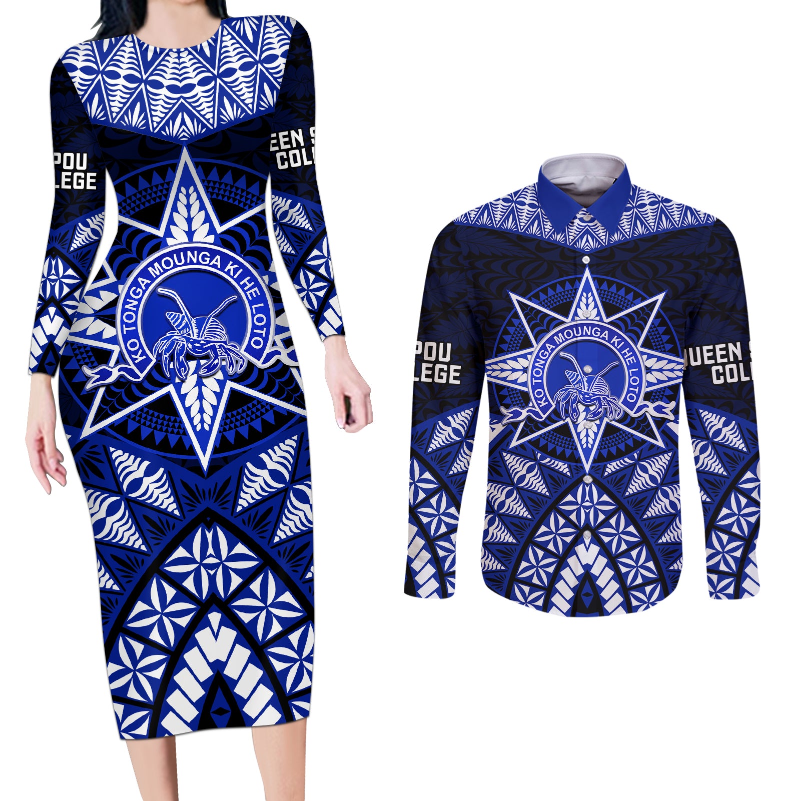 Tonga Tupou College And Queen Salote College Couples Matching Long Sleeve Bodycon Dress and Long Sleeve Button Shirt Tongan Ngatu Pattern LT14 Blue - Polynesian Pride