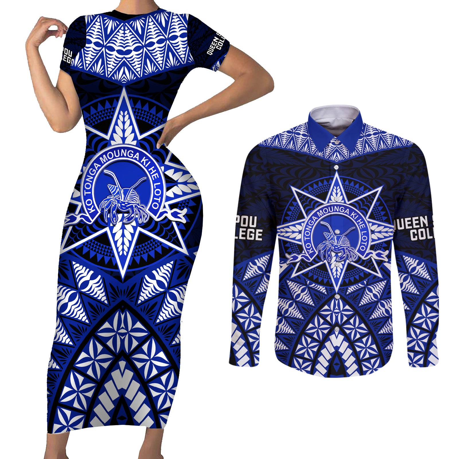 Tonga Tupou College And Queen Salote College Couples Matching Short Sleeve Bodycon Dress and Long Sleeve Button Shirt Tongan Ngatu Pattern LT14 Blue - Polynesian Pride