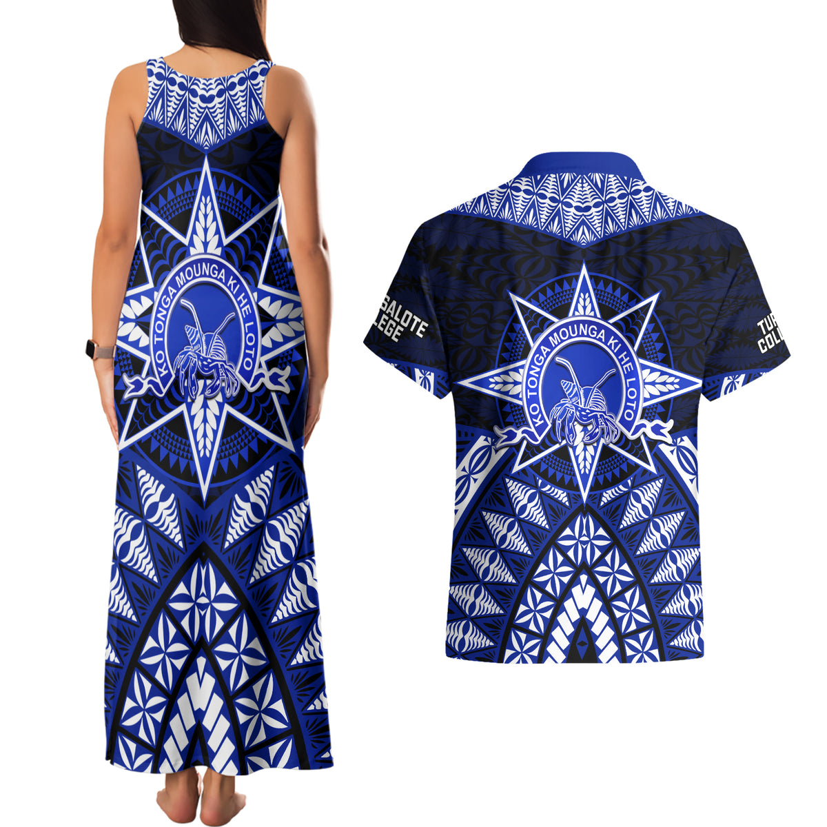 Tonga Tupou College And Queen Salote College Couples Matching Tank Maxi Dress and Hawaiian Shirt Tongan Ngatu Pattern LT14 - Polynesian Pride