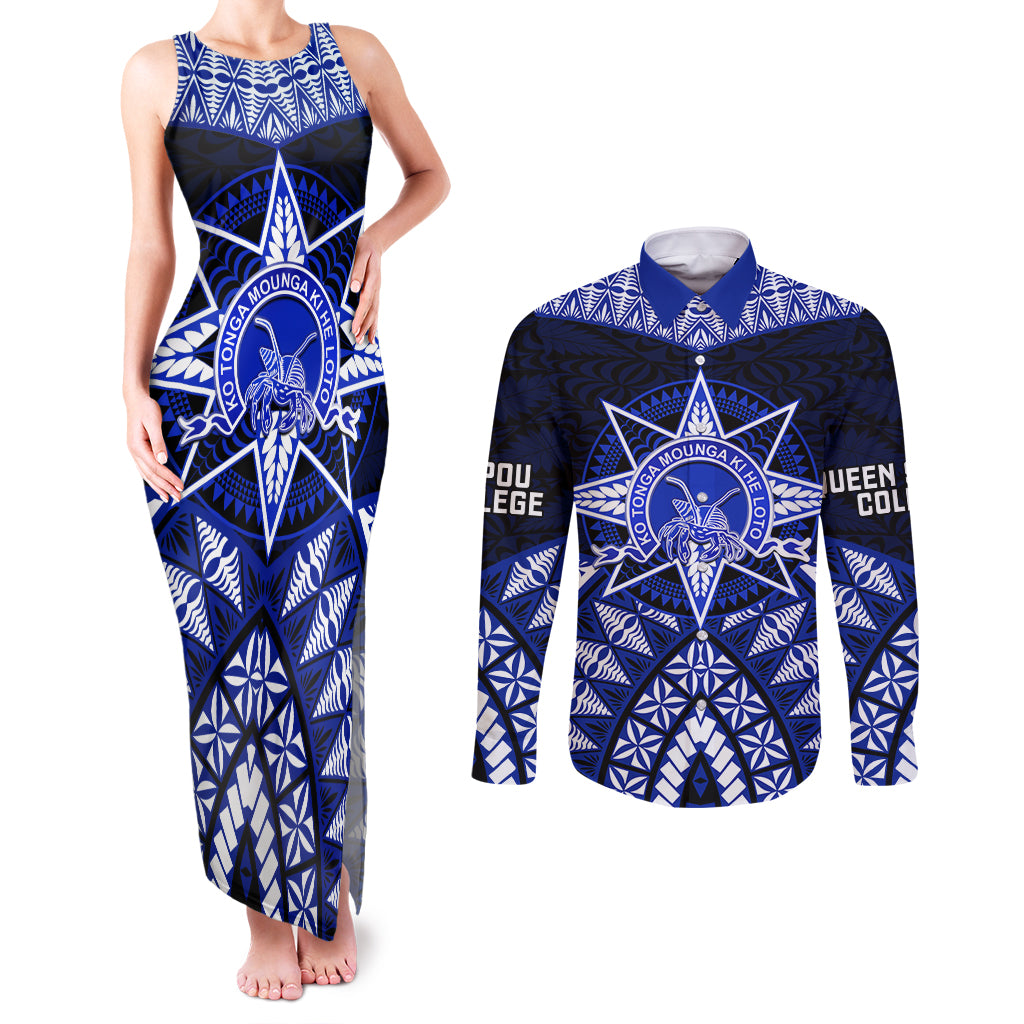 Tonga Tupou College And Queen Salote College Couples Matching Tank Maxi Dress and Long Sleeve Button Shirt Tongan Ngatu Pattern LT14 Blue - Polynesian Pride