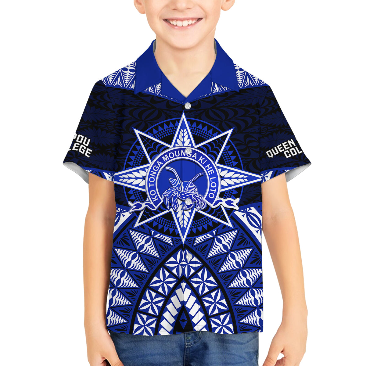 Tonga Tupou College And Queen Salote College Family Matching Long Sleeve Bodycon Dress and Hawaiian Shirt Tongan Ngatu Pattern LT14 Son's Shirt Blue - Polynesian Pride
