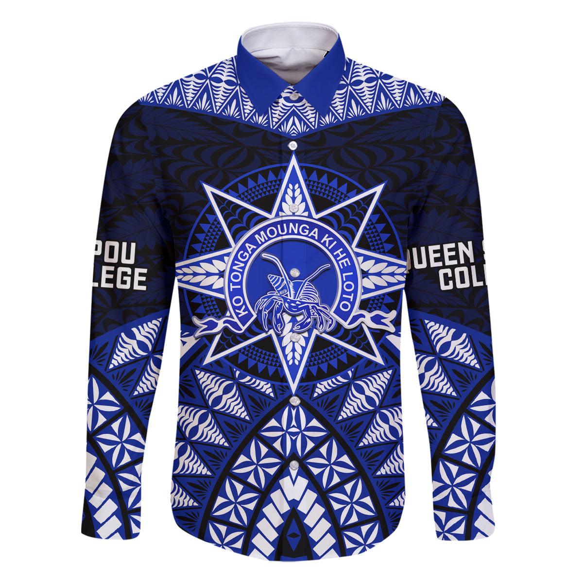 Tonga Tupou College And Queen Salote College Family Matching Off Shoulder Short Dress and Hawaiian Shirt Tongan Ngatu Pattern LT14 Dad's Shirt - Long Sleeve Blue - Polynesian Pride