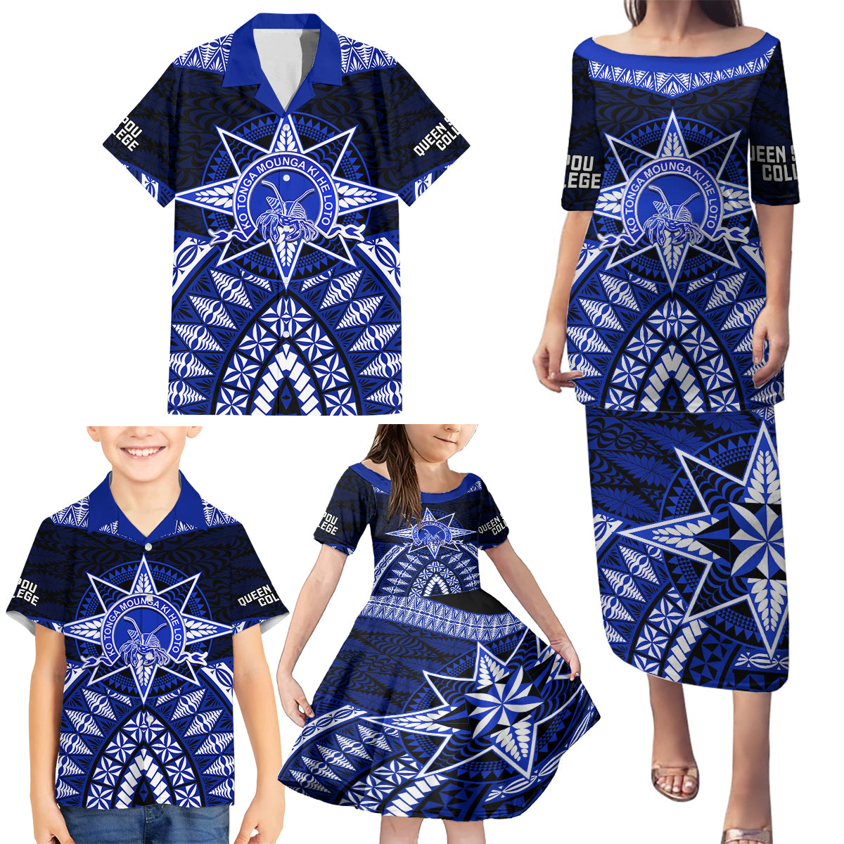 Tonga Tupou College And Queen Salote College Family Matching Puletasi Dress and Hawaiian Shirt Tongan Ngatu Pattern LT14 - Polynesian Pride