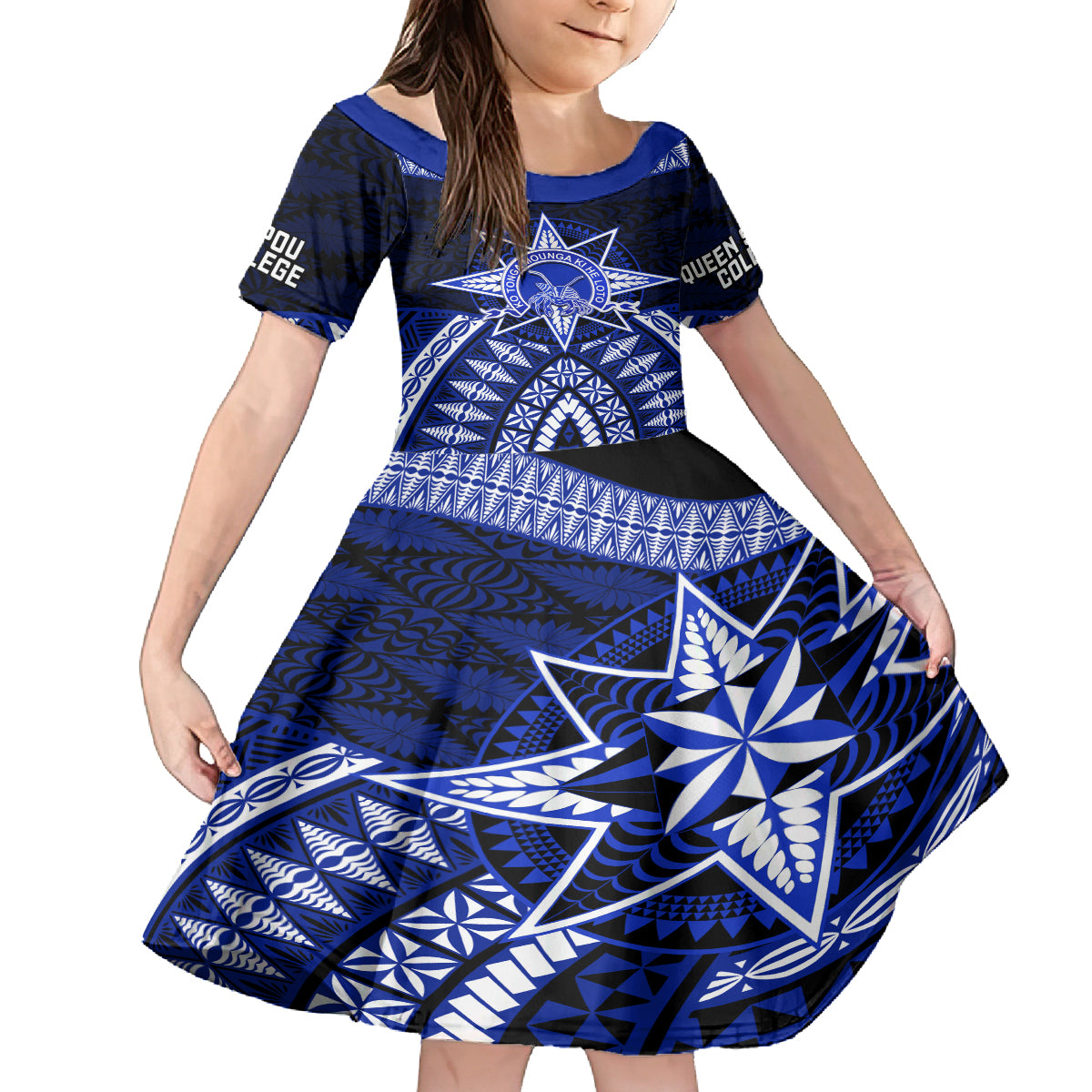 Tonga Tupou College And Queen Salote College Kid Short Sleeve Dress Tongan Ngatu Pattern LT14 KID Blue - Polynesian Pride