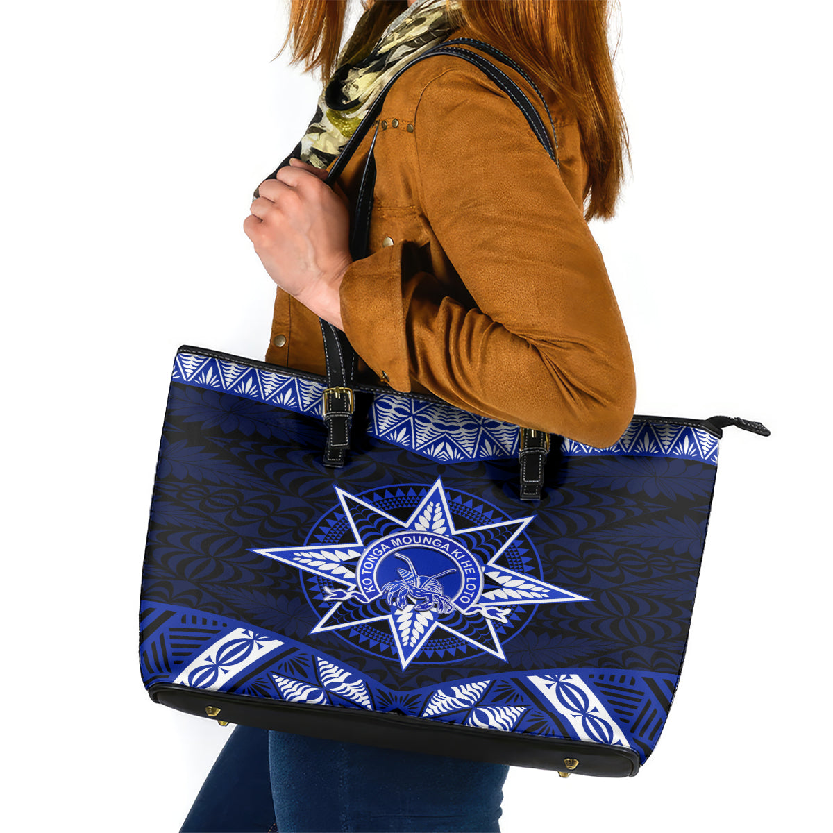 Tonga Tupou College And Queen Salote College Leather Tote Bag Tongan Ngatu Pattern LT14 Blue - Polynesian Pride