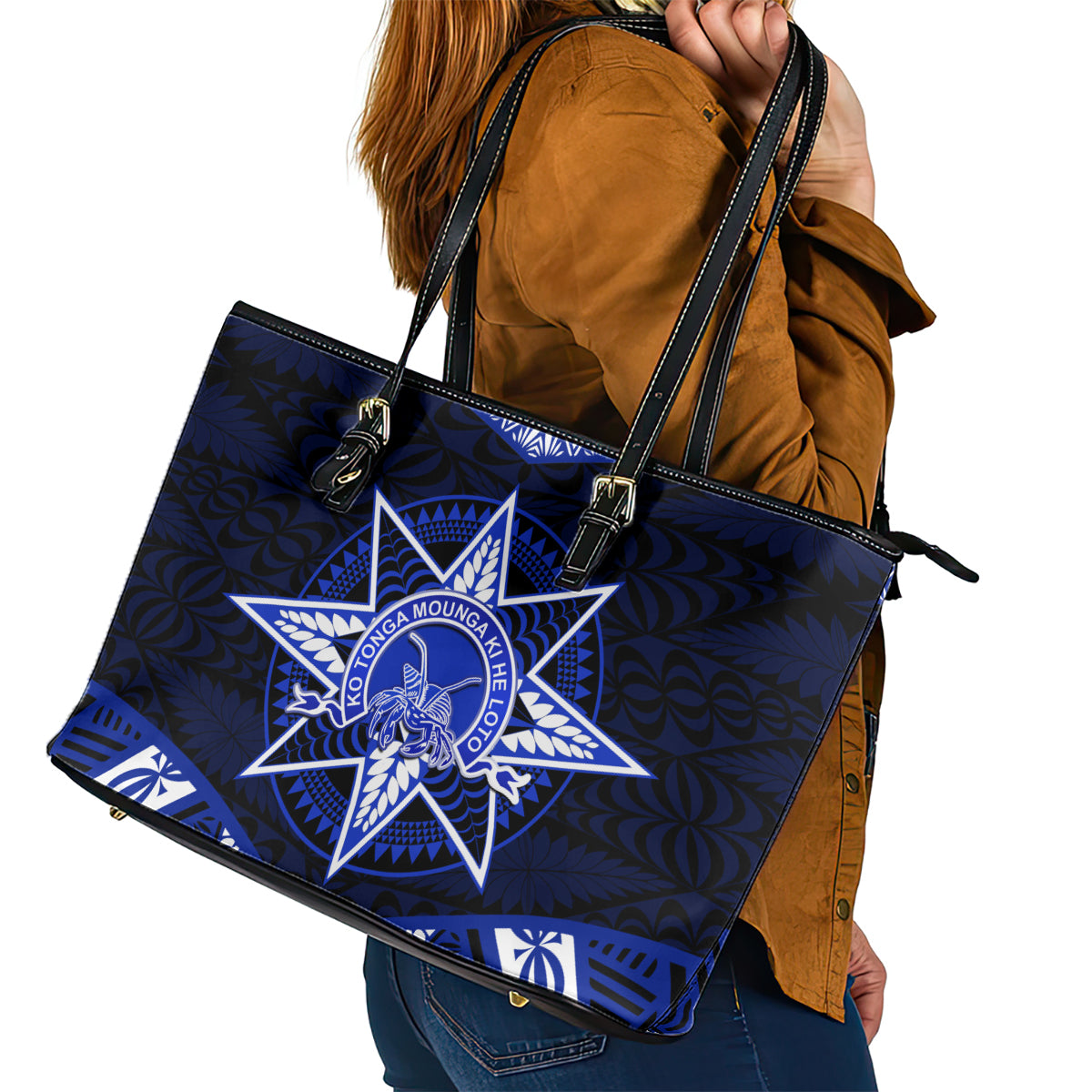 Tonga Tupou College And Queen Salote College Leather Tote Bag Tongan Ngatu Pattern LT14 - Polynesian Pride