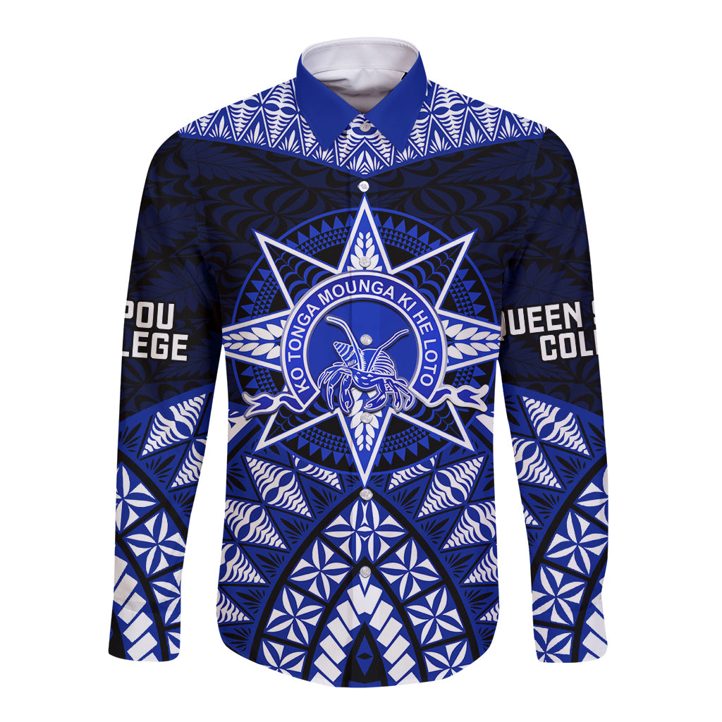 Tonga Tupou College And Queen Salote College Long Sleeve Button Shirt Tongan Ngatu Pattern LT14 Unisex Blue - Polynesian Pride