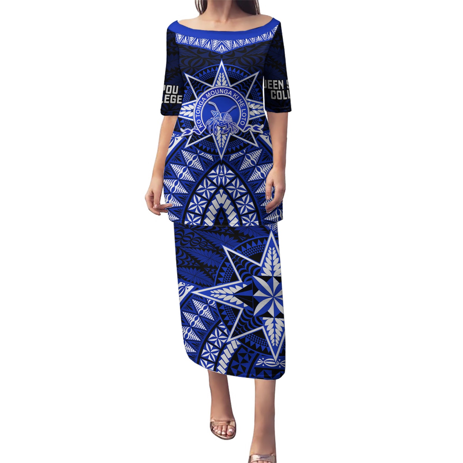 Tonga Tupou College And Queen Salote College Puletasi Tongan Ngatu Pattern LT14 Long Dress Blue - Polynesian Pride