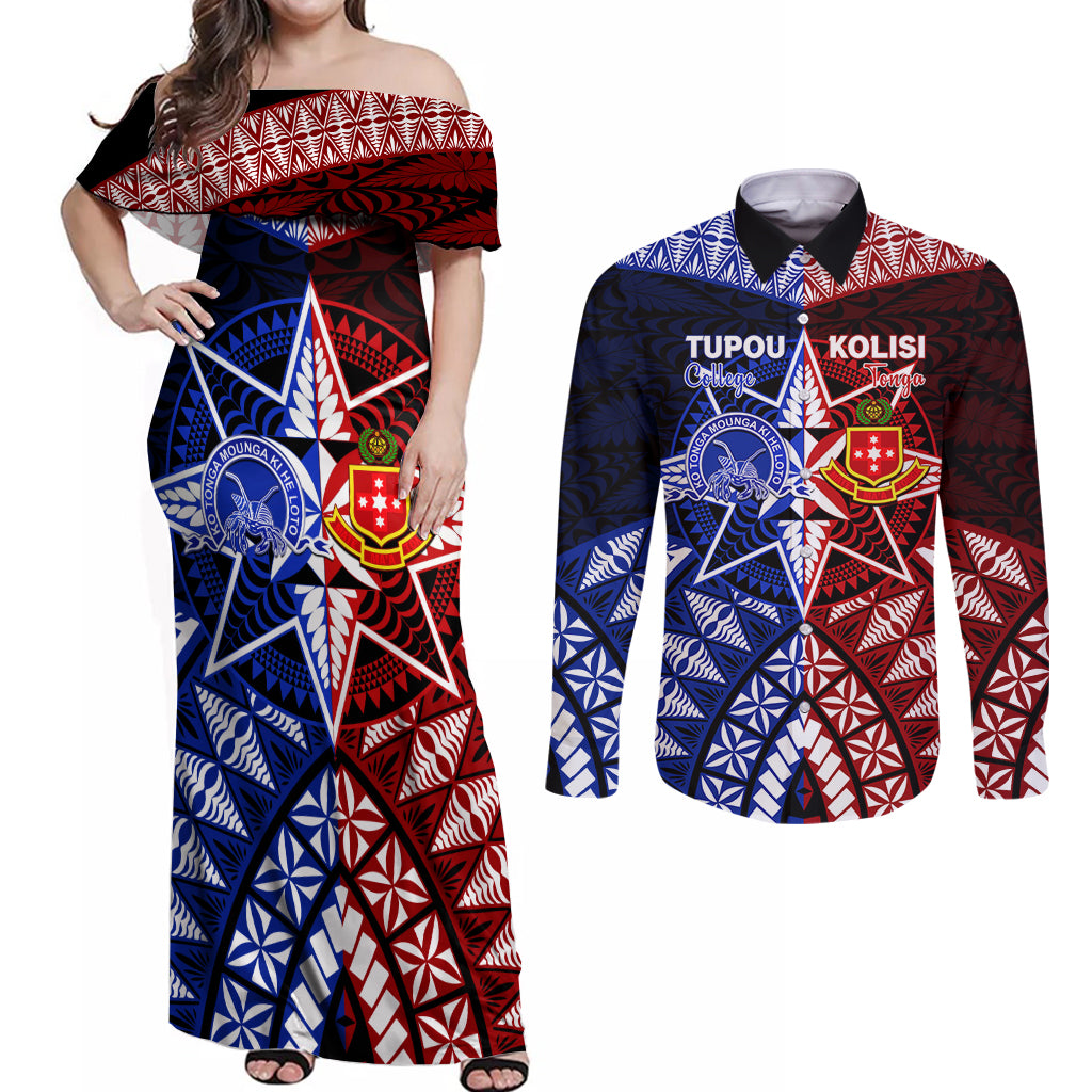 Personalised Tupou College And Kolisi Tonga Atele Couples Matching Off Shoulder Maxi Dress and Long Sleeve Button Shirt Tongan Ngatu Pattern LT14 Blue - Polynesian Pride