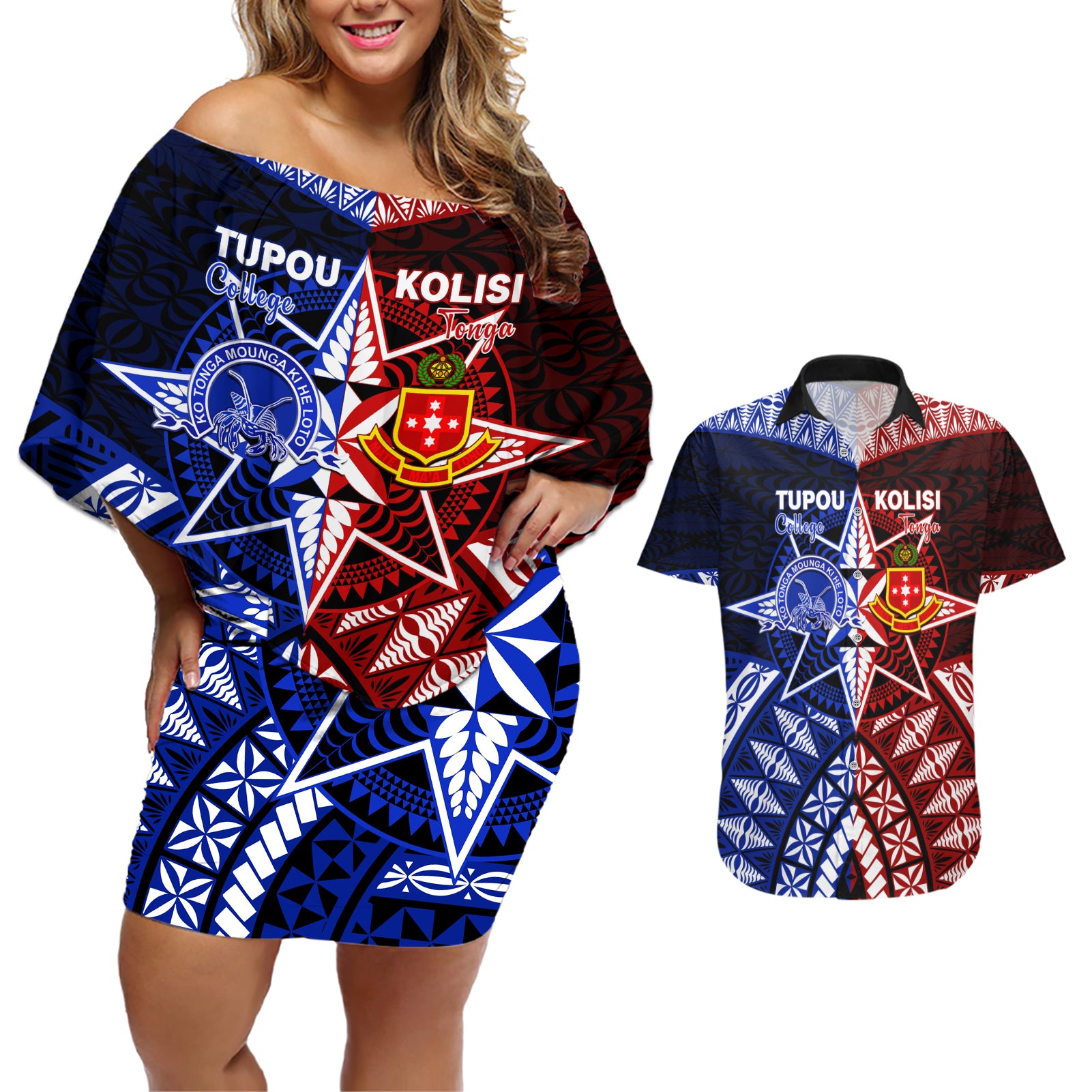 Personalised Tupou College And Kolisi Tonga Atele Couples Matching Off Shoulder Short Dress and Hawaiian Shirt Tongan Ngatu Pattern LT14 Blue - Polynesian Pride