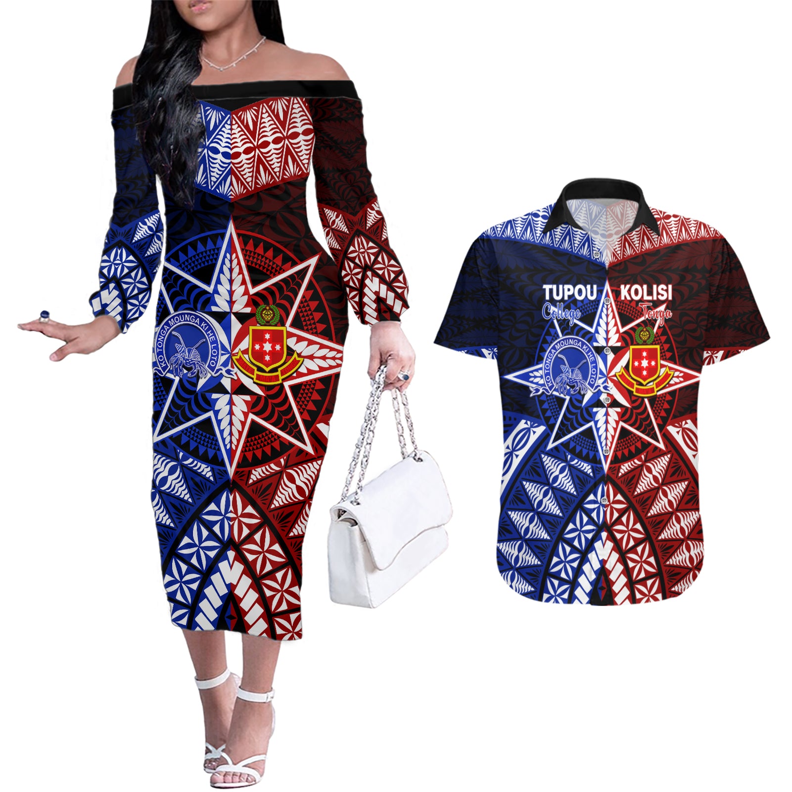 Personalised Tupou College And Kolisi Tonga Atele Couples Matching Off The Shoulder Long Sleeve Dress and Hawaiian Shirt Tongan Ngatu Pattern LT14 Blue - Polynesian Pride