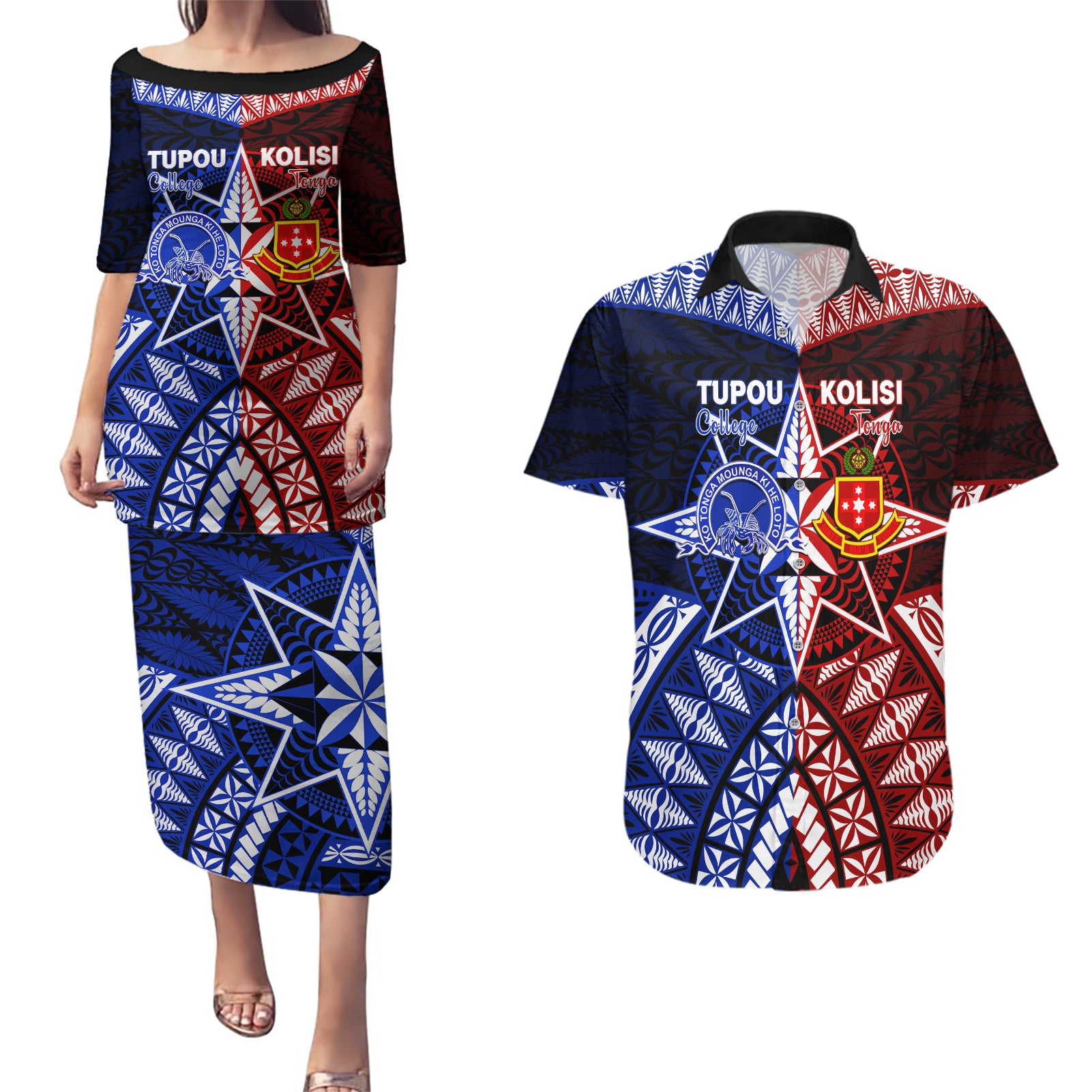 Personalised Tupou College And Kolisi Tonga Atele Couples Matching Puletasi Dress and Hawaiian Shirt Tongan Ngatu Pattern LT14 Blue - Polynesian Pride