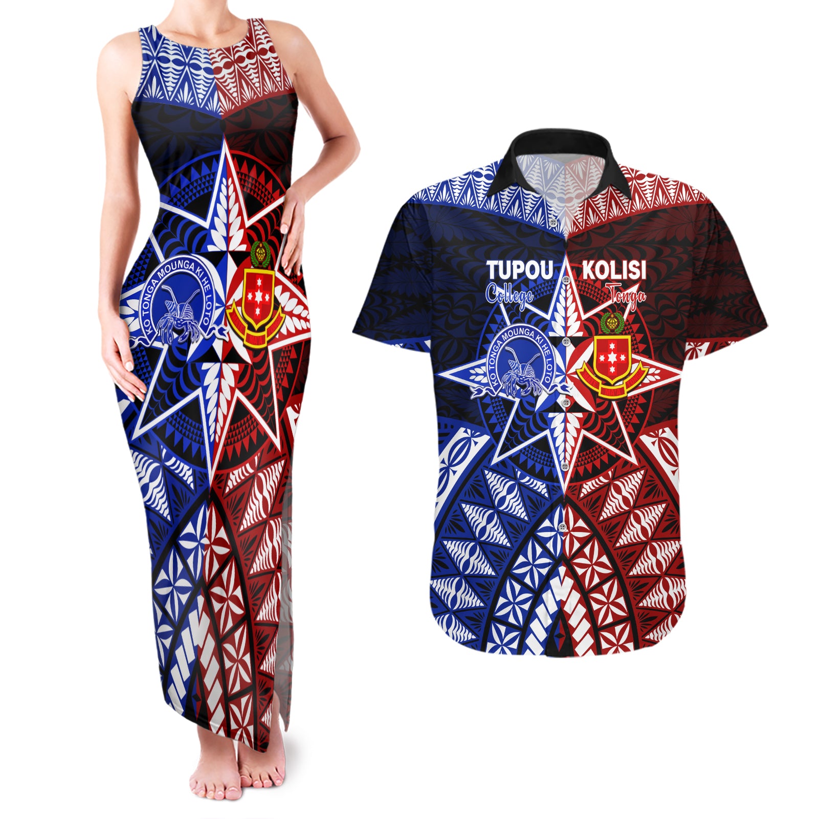 Personalised Tupou College And Kolisi Tonga Atele Couples Matching Tank Maxi Dress and Hawaiian Shirt Tongan Ngatu Pattern LT14 Blue - Polynesian Pride