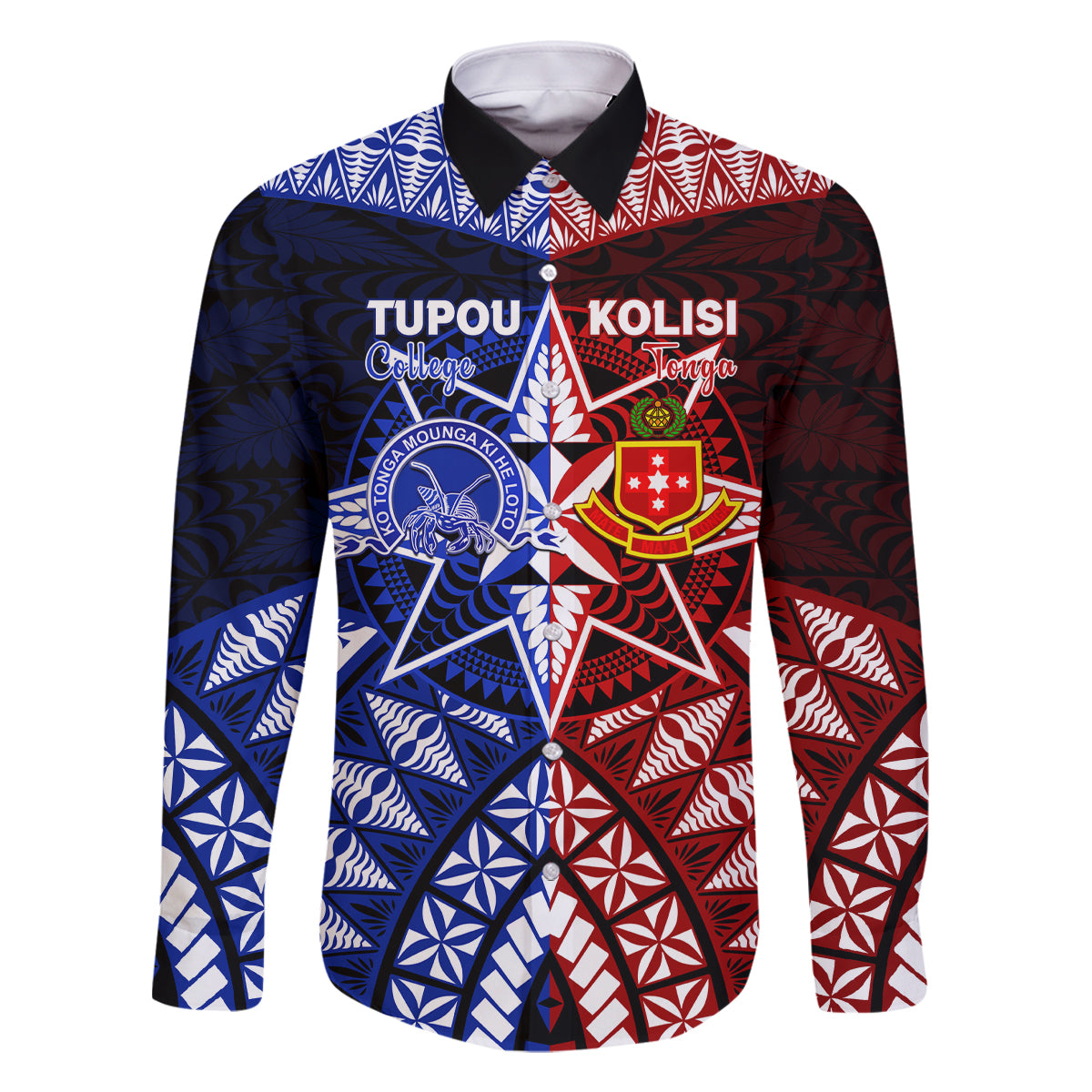Personalised Tupou College And Kolisi Tonga Atele Family Matching Long Sleeve Bodycon Dress and Hawaiian Shirt Tongan Ngatu Pattern LT14 Dad's Shirt - Long Sleeve Blue - Polynesian Pride
