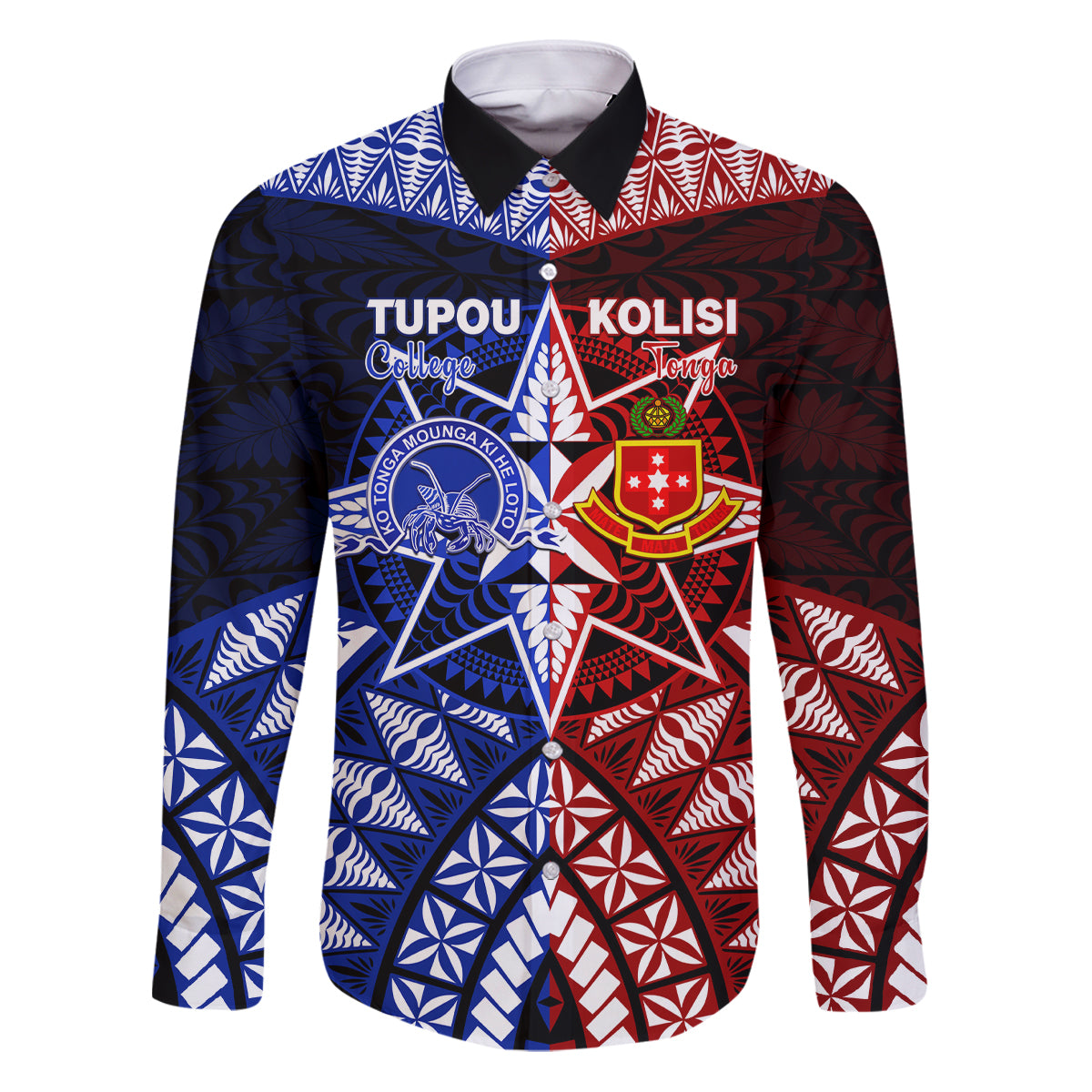 Personalised Tupou College And Kolisi Tonga Atele Family Matching Puletasi Dress and Hawaiian Shirt Tongan Ngatu Pattern LT14 Dad's Shirt - Long Sleeve Blue - Polynesian Pride
