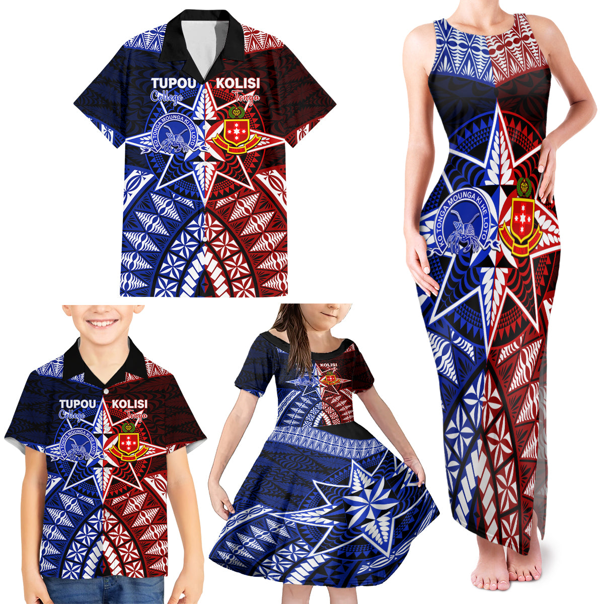 Personalised Tupou College And Kolisi Tonga Atele Family Matching Tank Maxi Dress and Hawaiian Shirt Tongan Ngatu Pattern LT14 - Polynesian Pride