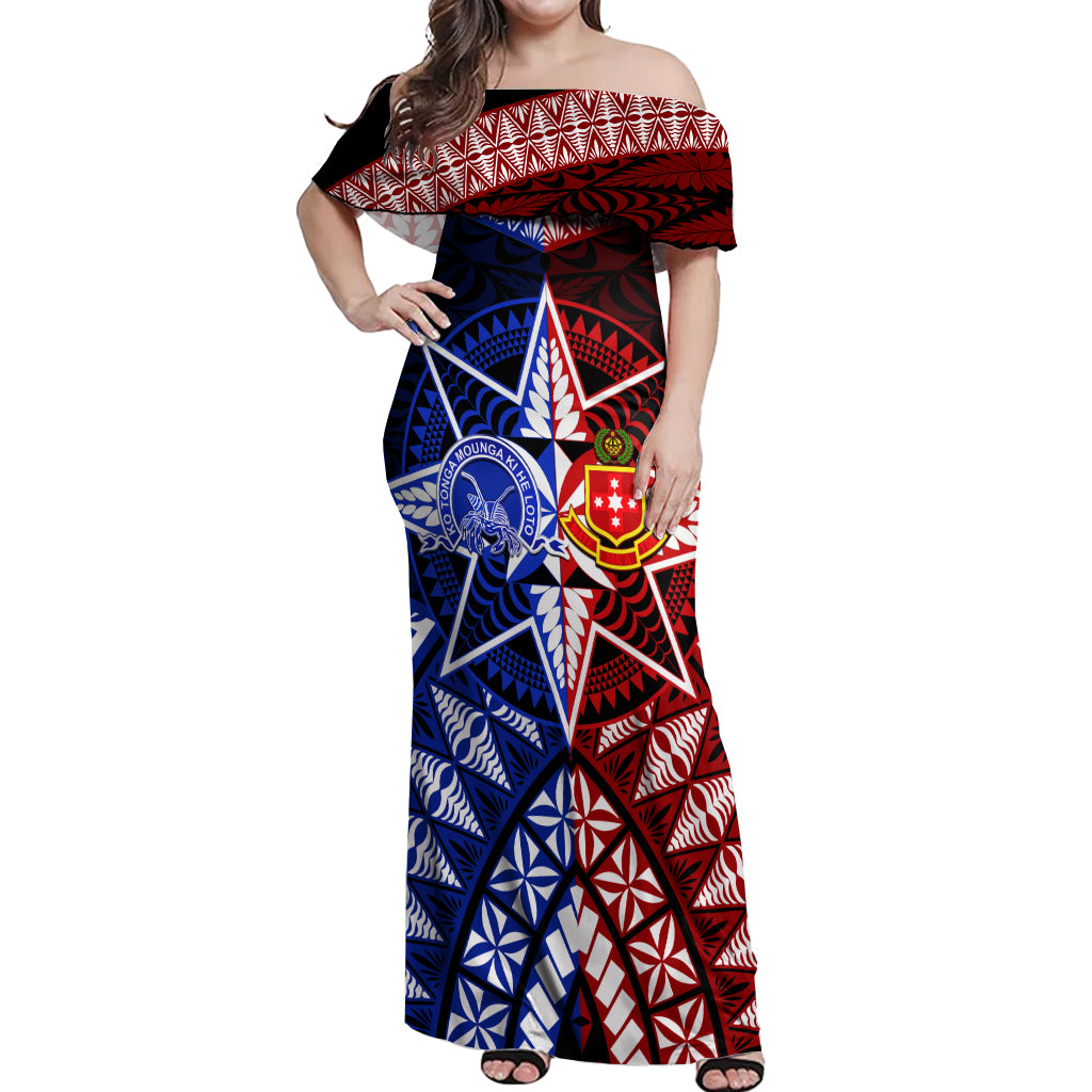 Personalised Tupou College And Kolisi Tonga Atele Off Shoulder Maxi Dress Tongan Ngatu Pattern LT14 Women Blue - Polynesian Pride