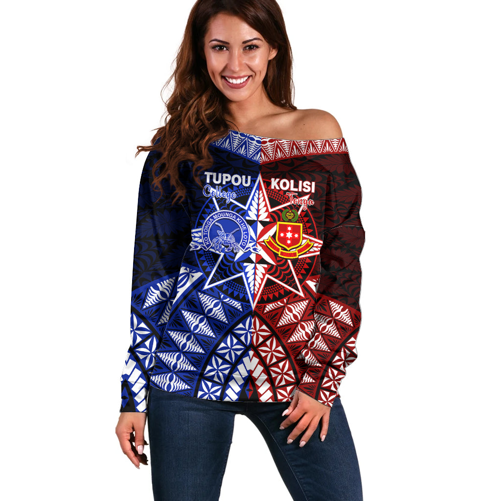 Personalised Tupou College And Kolisi Tonga Atele Off Shoulder Sweater Tongan Ngatu Pattern LT14 Women Blue - Polynesian Pride