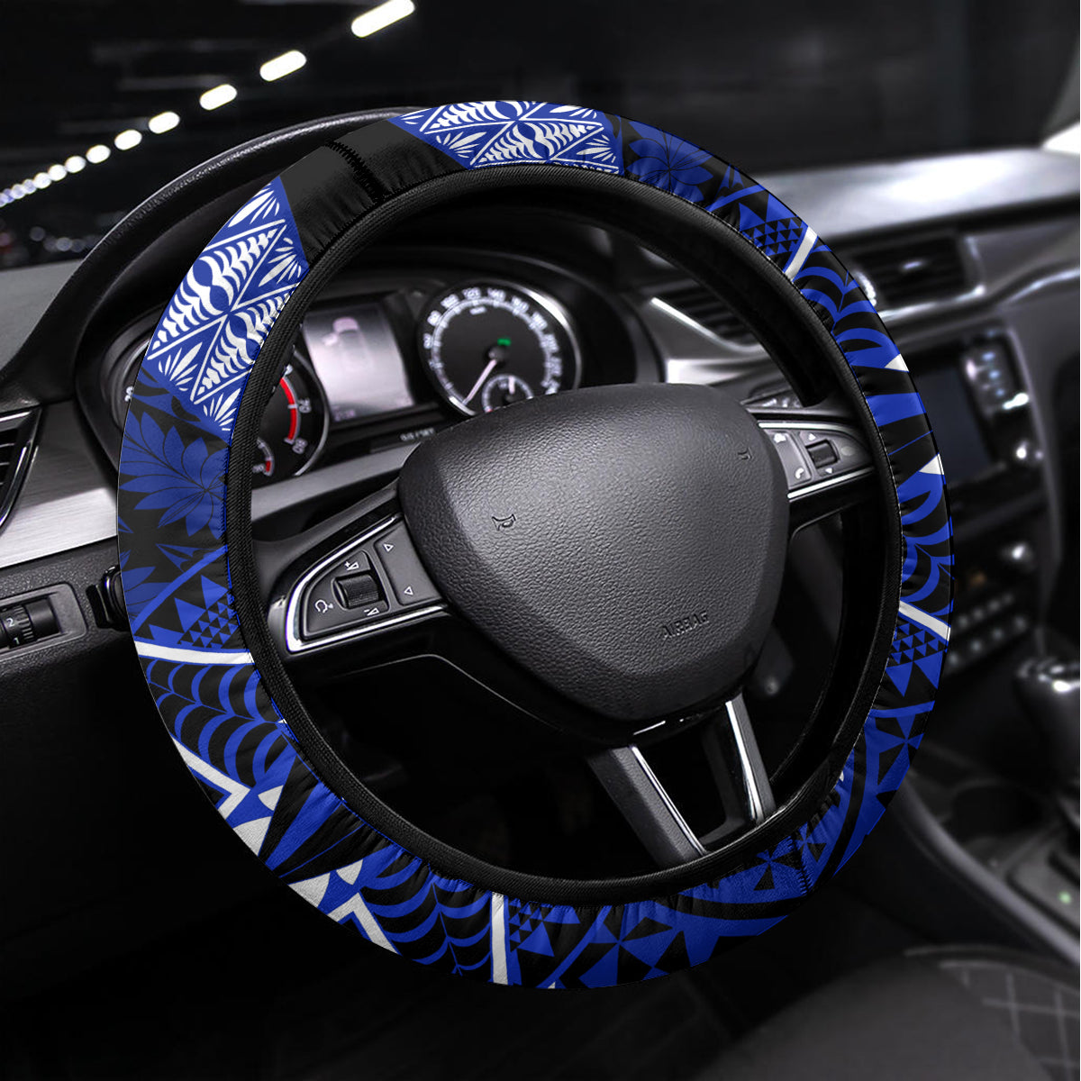 Tupou College And Kolisi Tonga Atele Steering Wheel Cover Tongan Ngatu Pattern LT14 Universal Fit Blue - Polynesian Pride