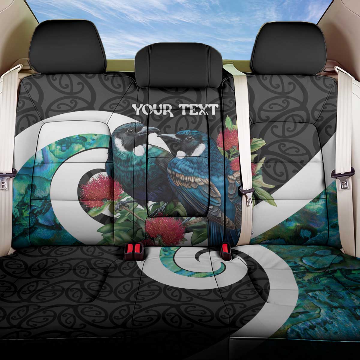 Personalised Valentine's Day New Zealand Back Car Seat Cover Tui Bird Couple Kowhaiwhai Mix Pohutukawa