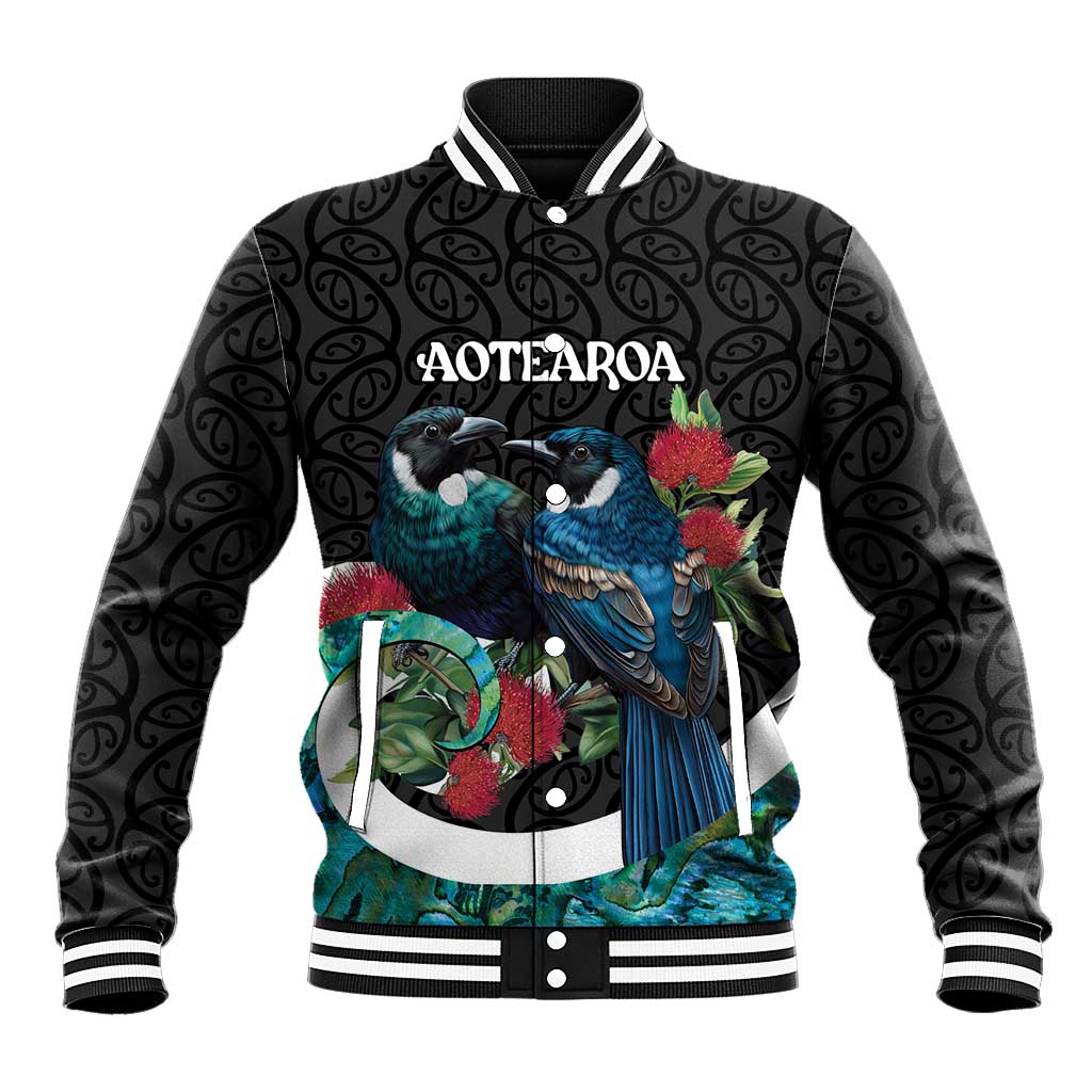Personalised Valentine's Day New Zealand Baseball Jacket Tui Bird Couple Kowhaiwhai Mix Pohutukawa LT14 Unisex Black - Polynesian Pride