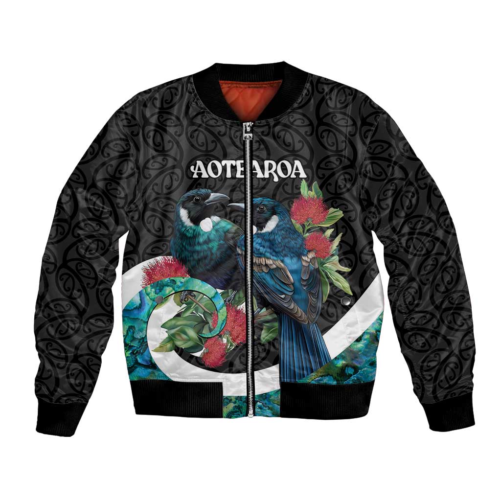 Personalised Valentine's Day New Zealand Bomber Jacket Tui Bird Couple Kowhaiwhai Mix Pohutukawa