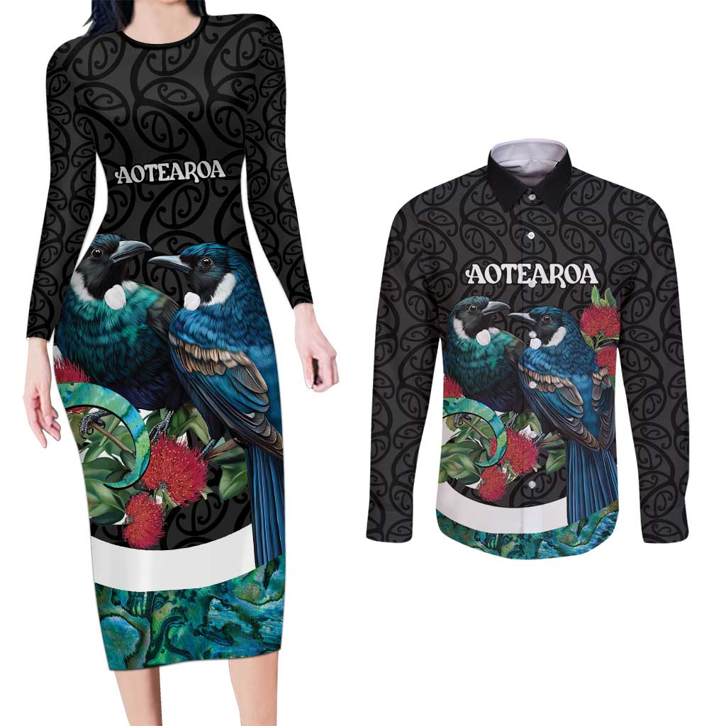 Personalised Valentine's Day New Zealand Couples Matching Long Sleeve Bodycon Dress and Long Sleeve Button Shirt Tui Bird Couple Kowhaiwhai Mix Pohutukawa LT14 Black - Polynesian Pride