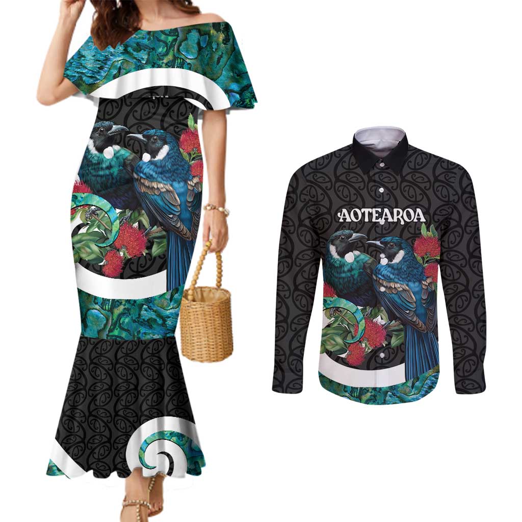 Personalised Valentine's Day New Zealand Couples Matching Mermaid Dress and Long Sleeve Button Shirt Tui Bird Couple Kowhaiwhai Mix Pohutukawa