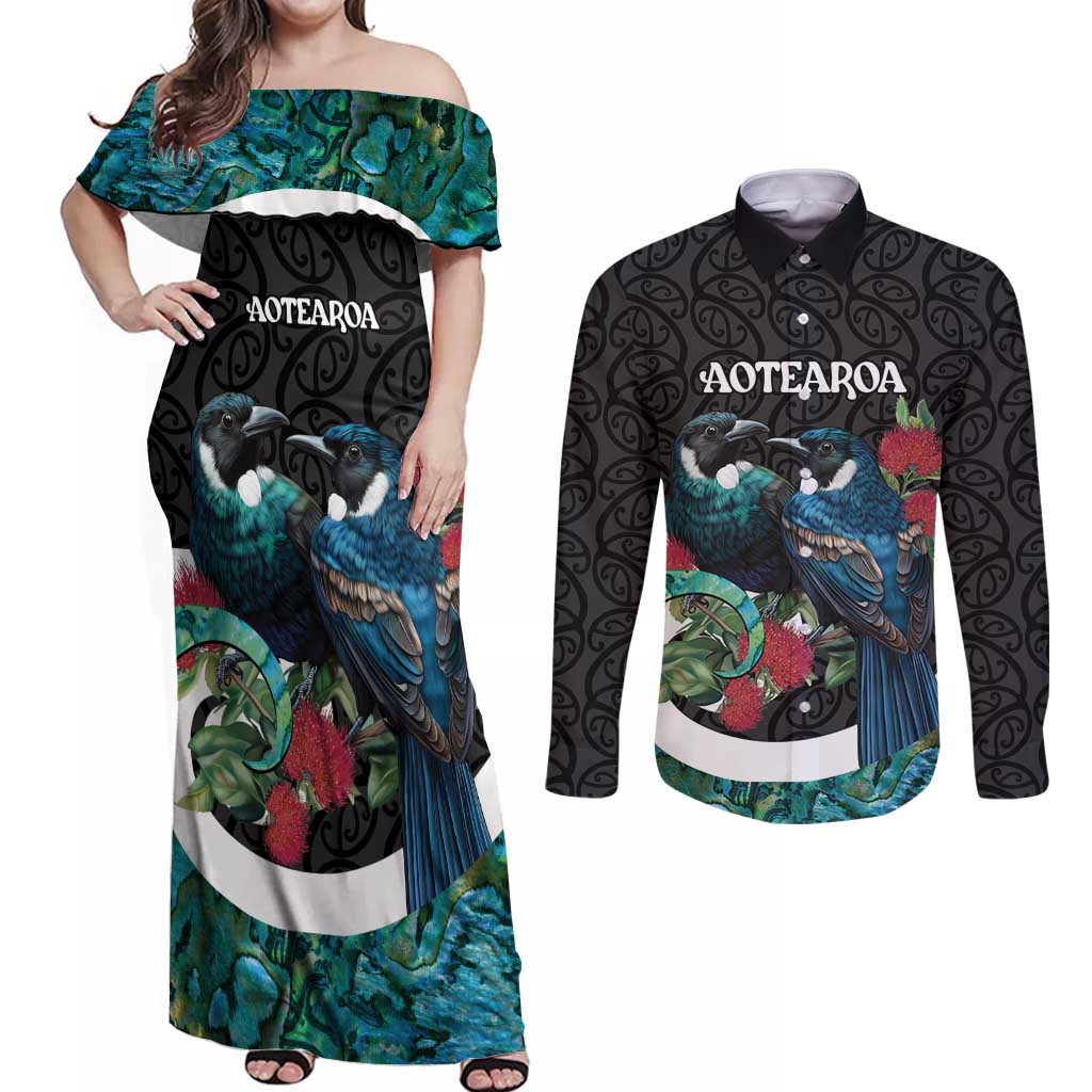 Personalised Valentine's Day New Zealand Couples Matching Off Shoulder Maxi Dress and Long Sleeve Button Shirt Tui Bird Couple Kowhaiwhai Mix Pohutukawa