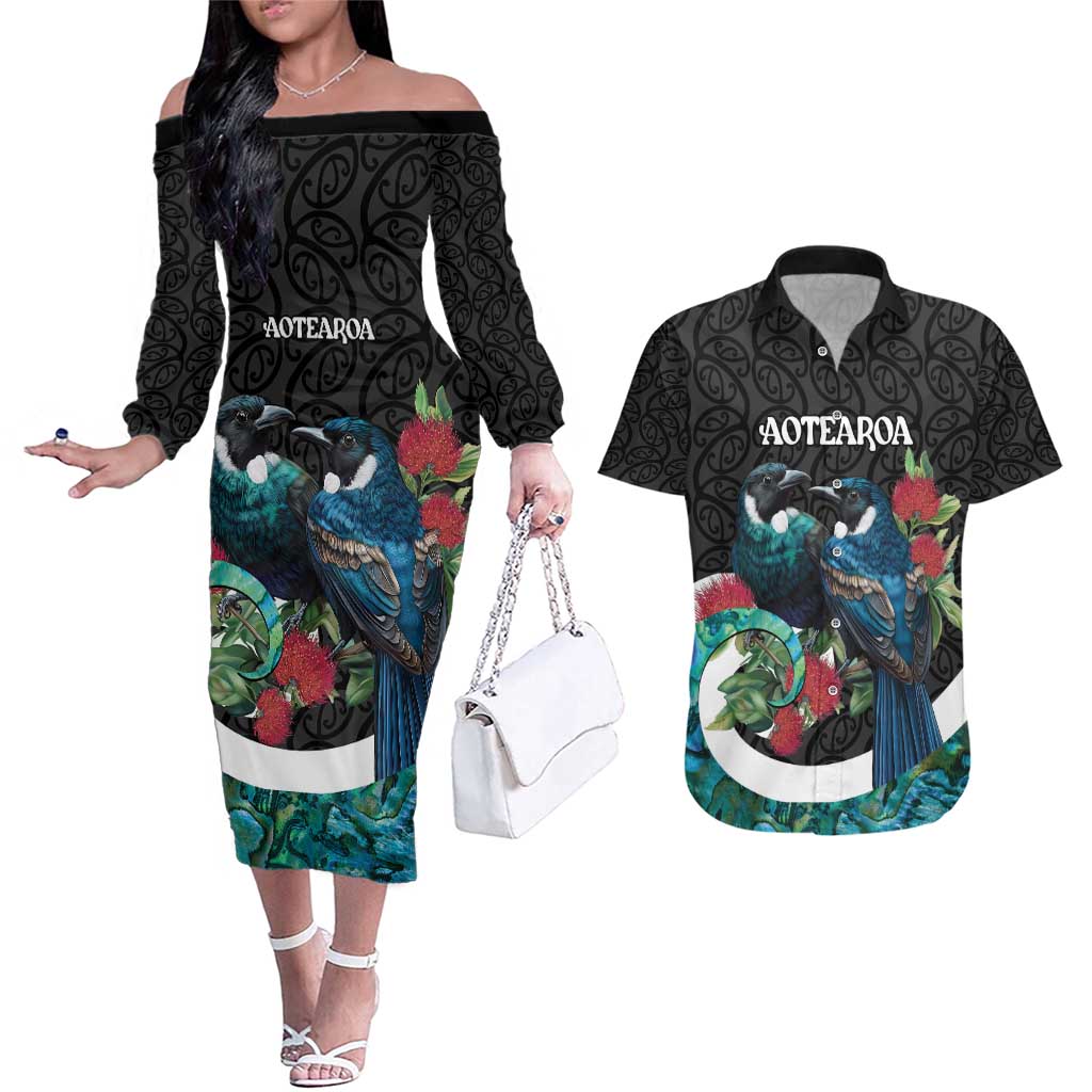 Personalised Valentine's Day New Zealand Couples Matching Off The Shoulder Long Sleeve Dress and Hawaiian Shirt Tui Bird Couple Kowhaiwhai Mix Pohutukawa LT14 Black - Polynesian Pride