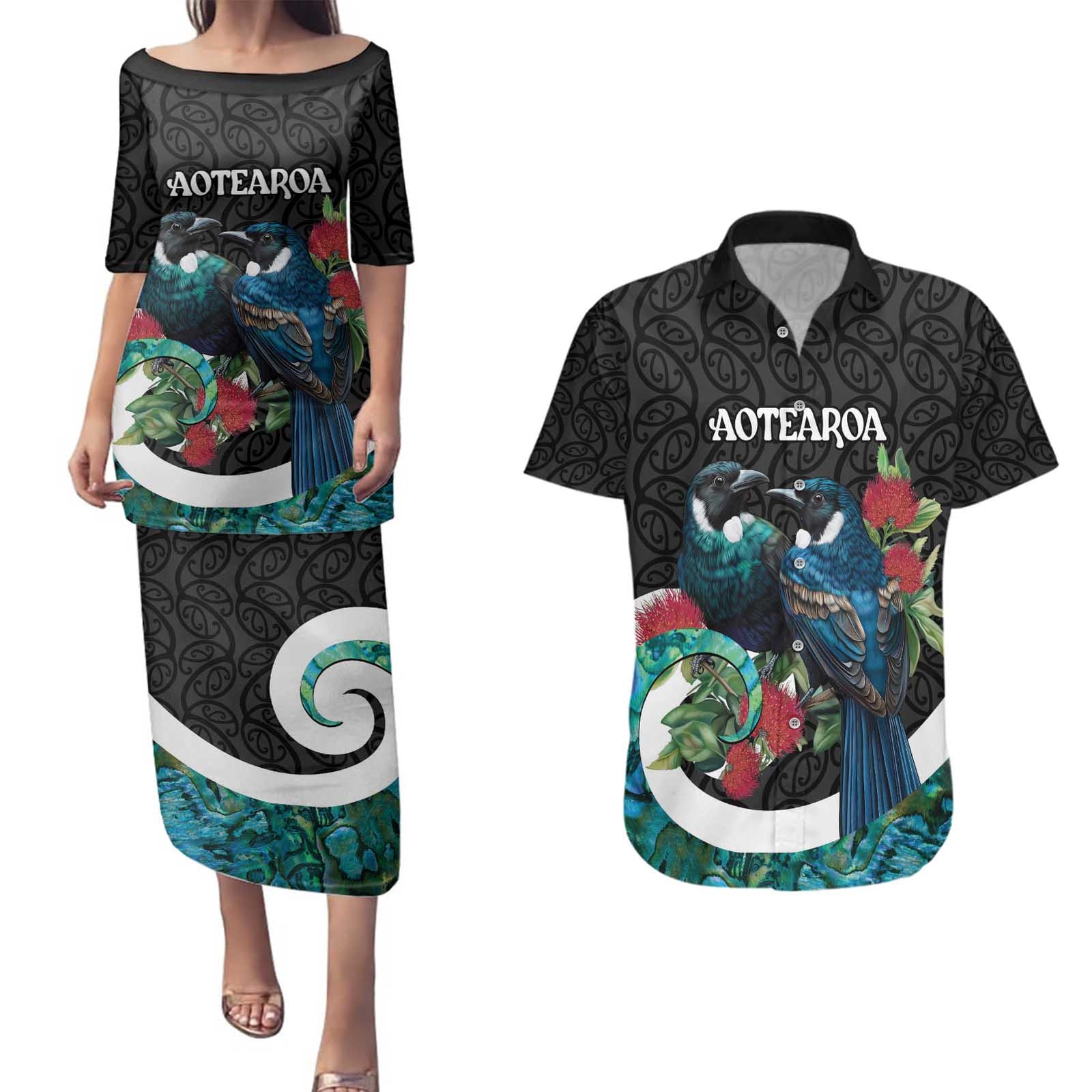 Personalised Valentine's Day New Zealand Couples Matching Puletasi and Hawaiian Shirt Tui Bird Couple Kowhaiwhai Mix Pohutukawa LT14 Black - Polynesian Pride